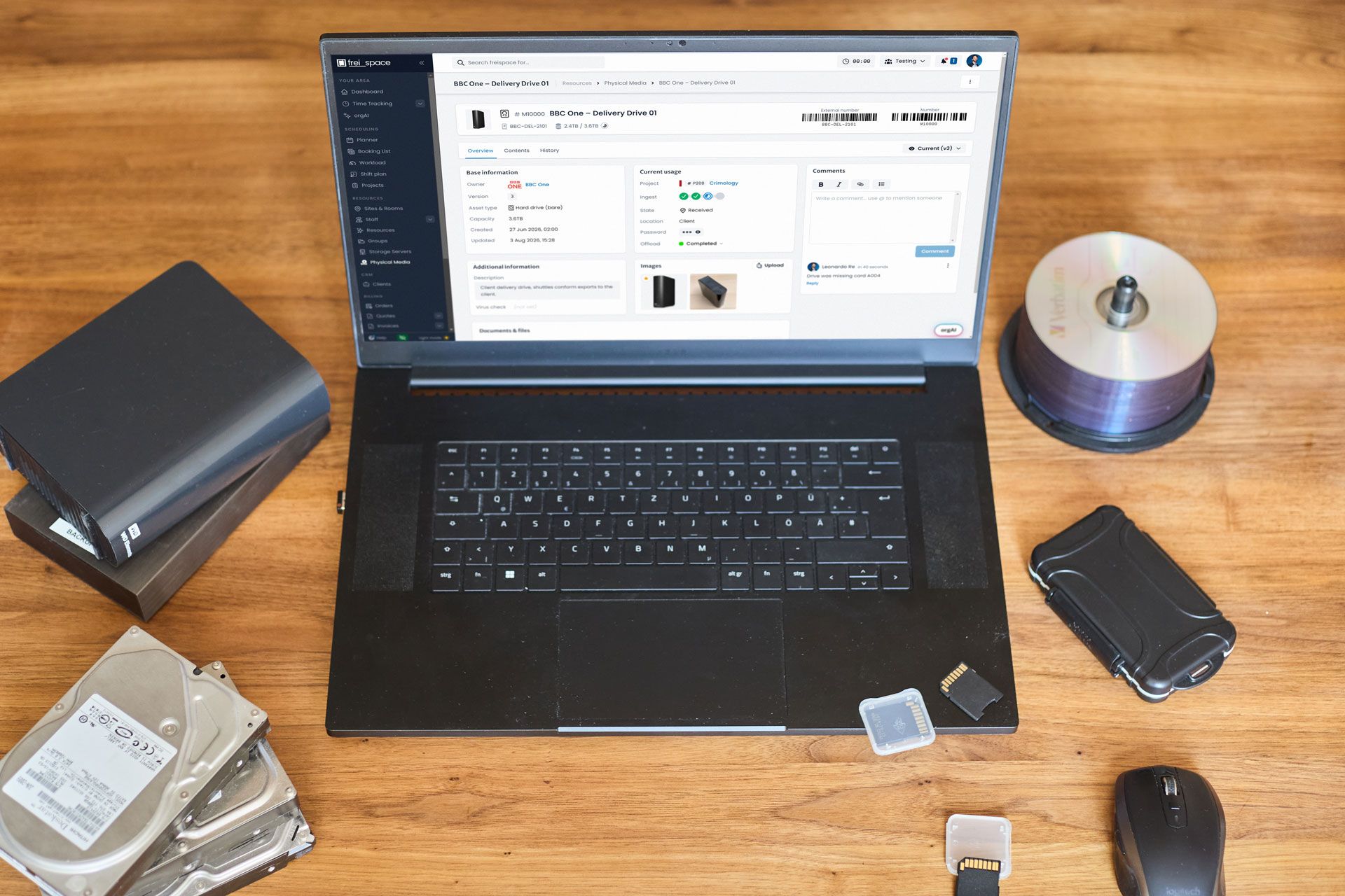 freispace physical media item overview with barcodes, owner, capacity, ingest workflow step, state, location and comments for a client delivery hard drive