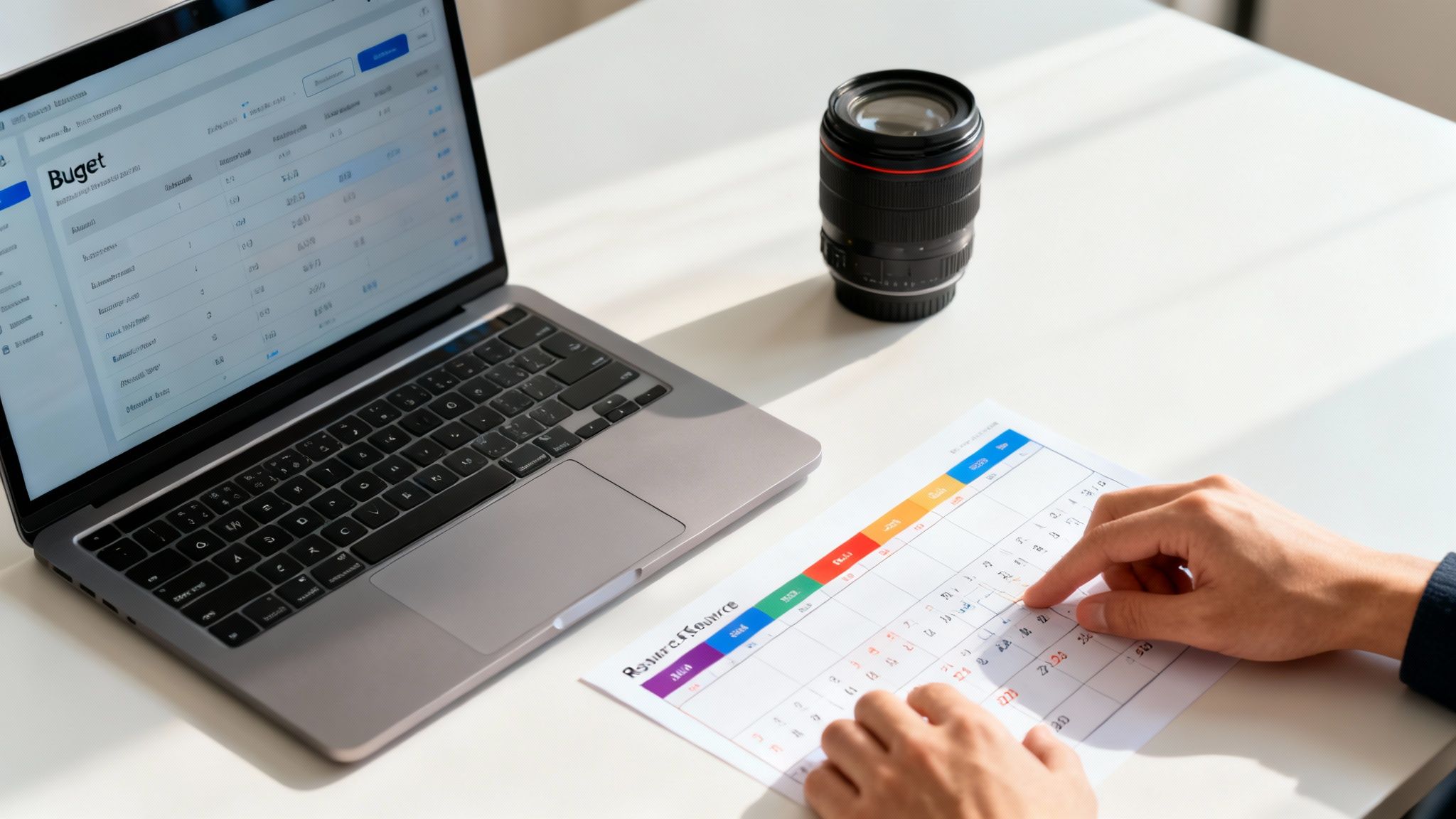 A diverse team of media professionals collaborating around a large screen in a modern studio.