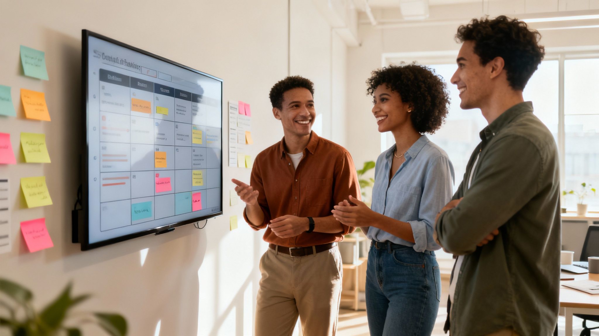 A project manager pointing to a risk assessment chart during a team meeting.