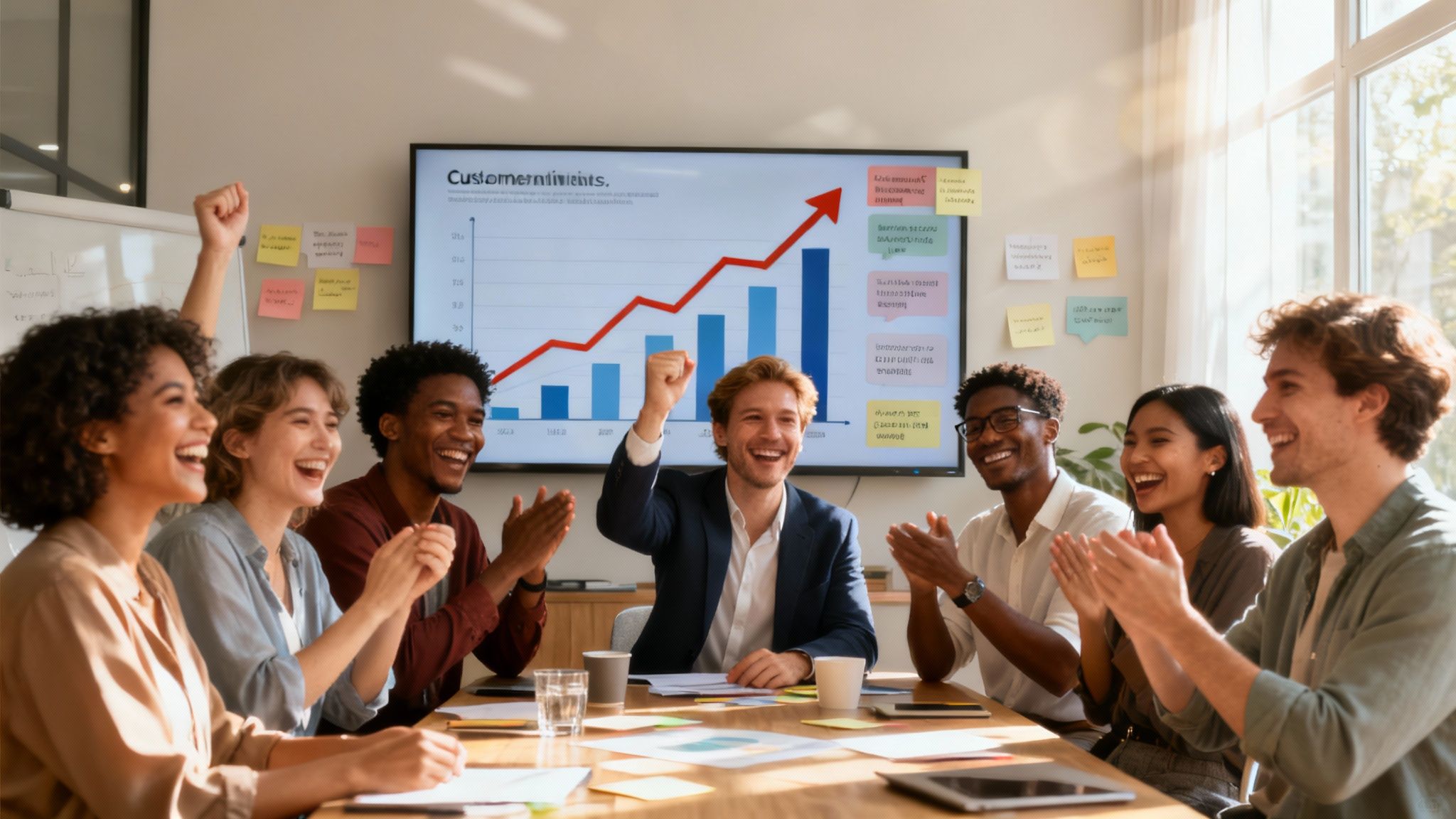 Team members celebrating a successful project completion in a modern office.