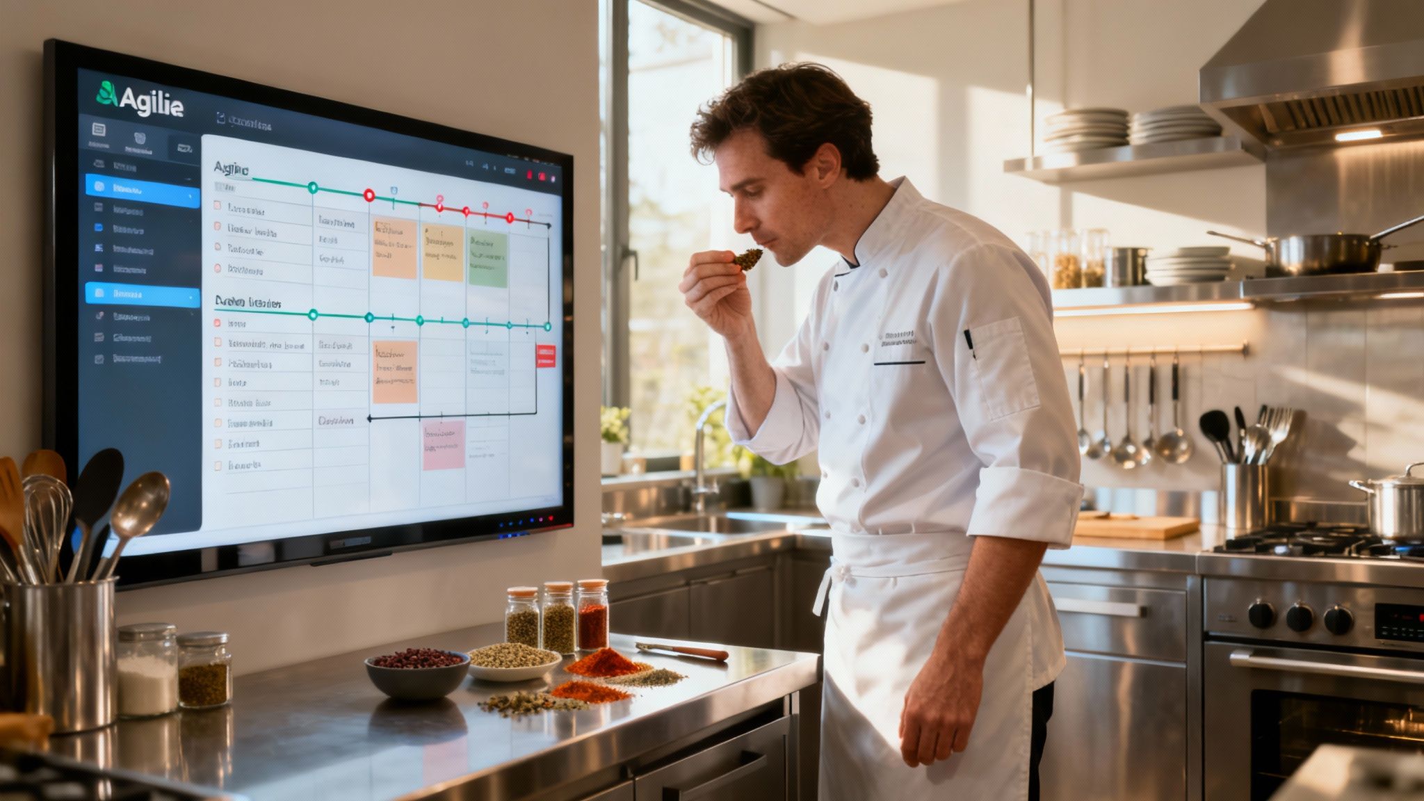 A team collaborating around a board with sticky notes, illustrating an agile planning session.