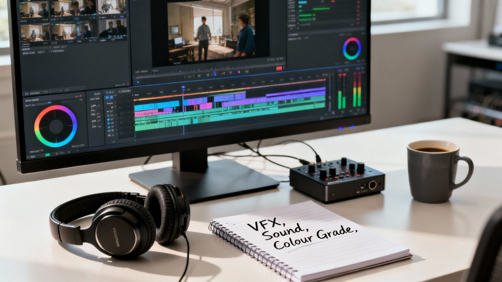 A person working on video editing software in a dimly lit room, focusing on a monitor displaying a timeline.