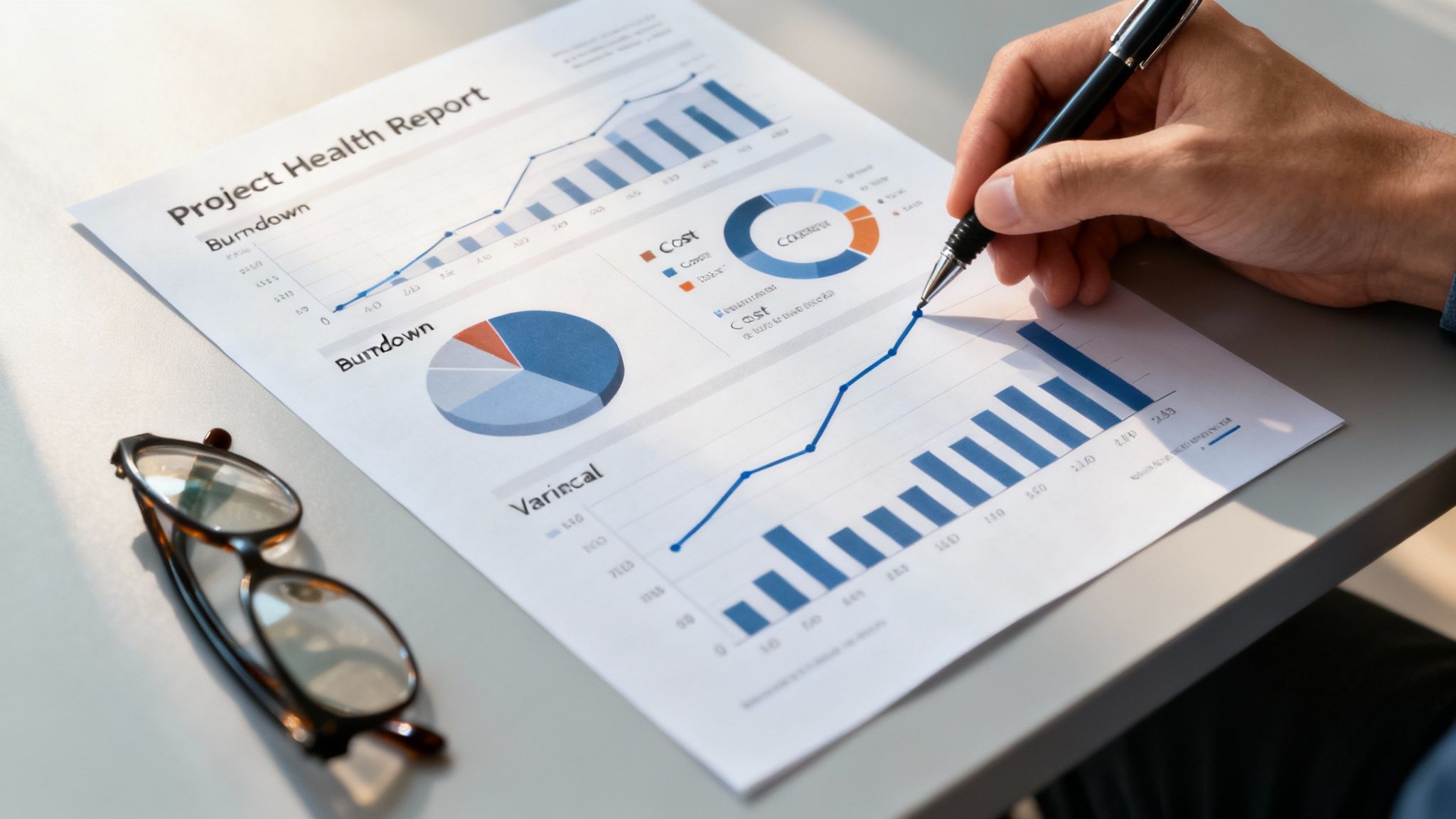 A team of post-production professionals reviewing charts and graphs on a large screen in a meeting room.