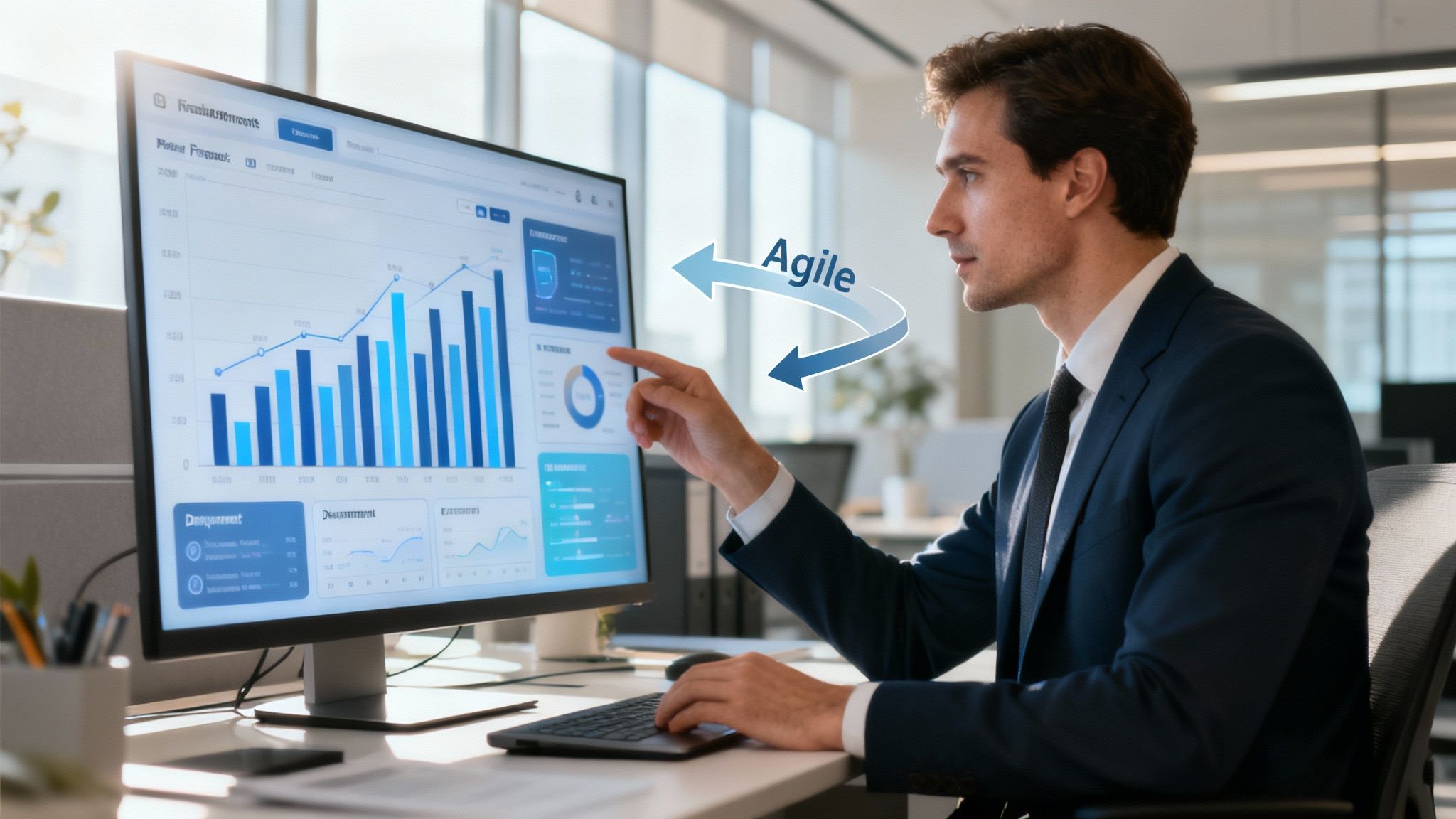 A team collaborates around a screen showing financial data and charts