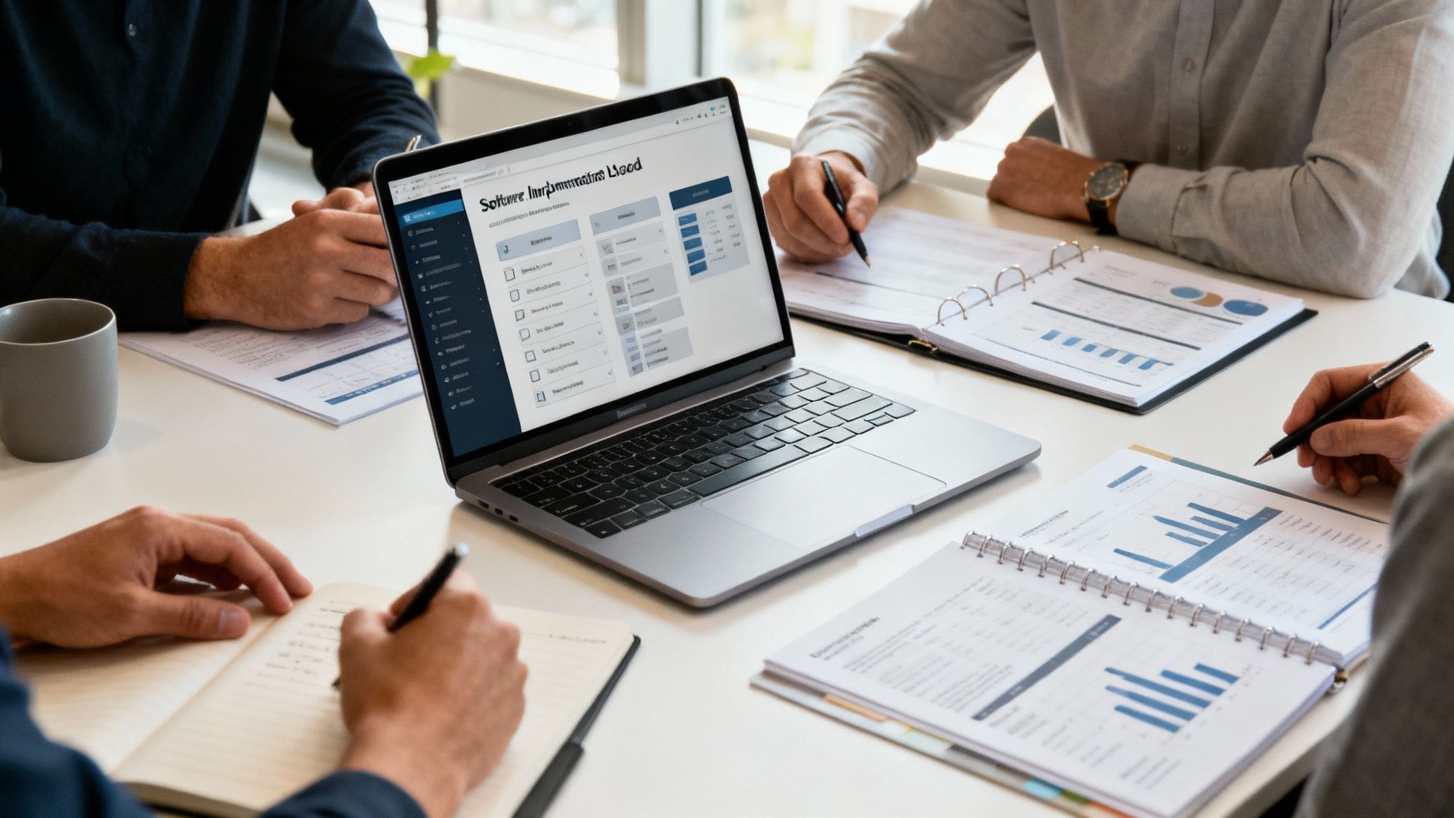 A team works together at a desk with charts and graphs on a screen