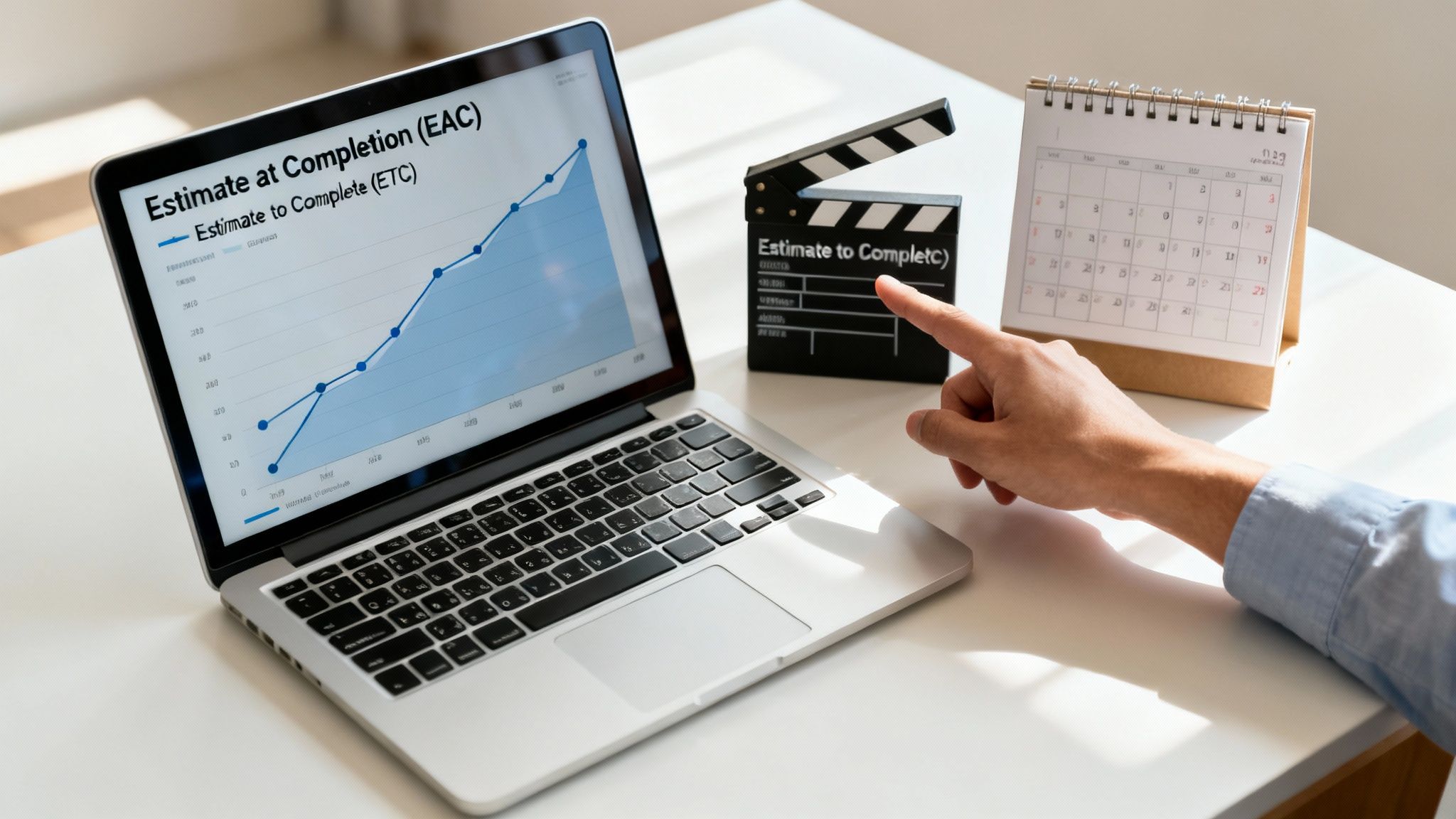 Professional pointing at laptop screen displaying Estimate at Completion and Estimate to Complete project management charts