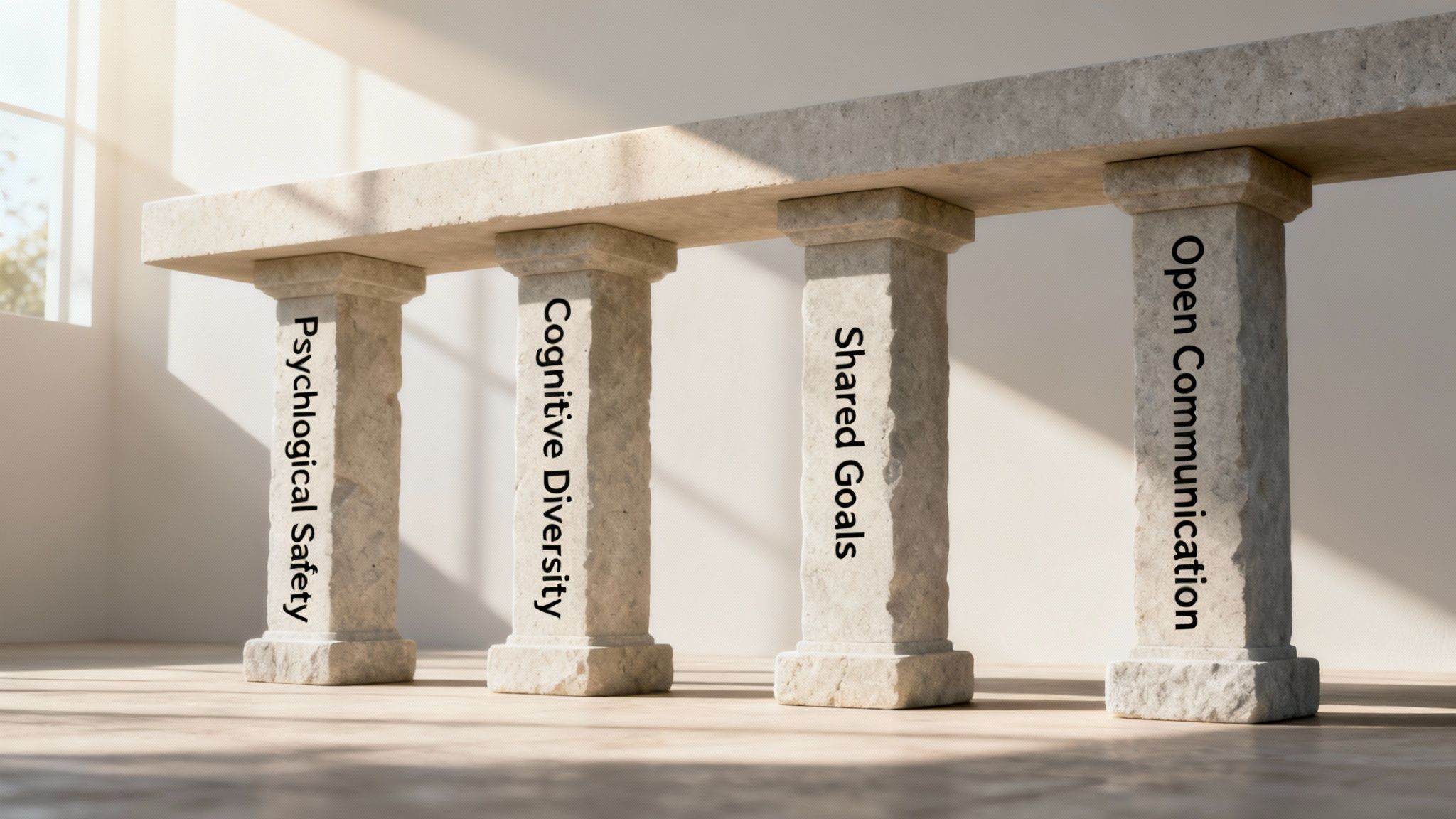 Group of diverse professionals collaborating around a table with sticky notes, representing the pillars of collaboration.