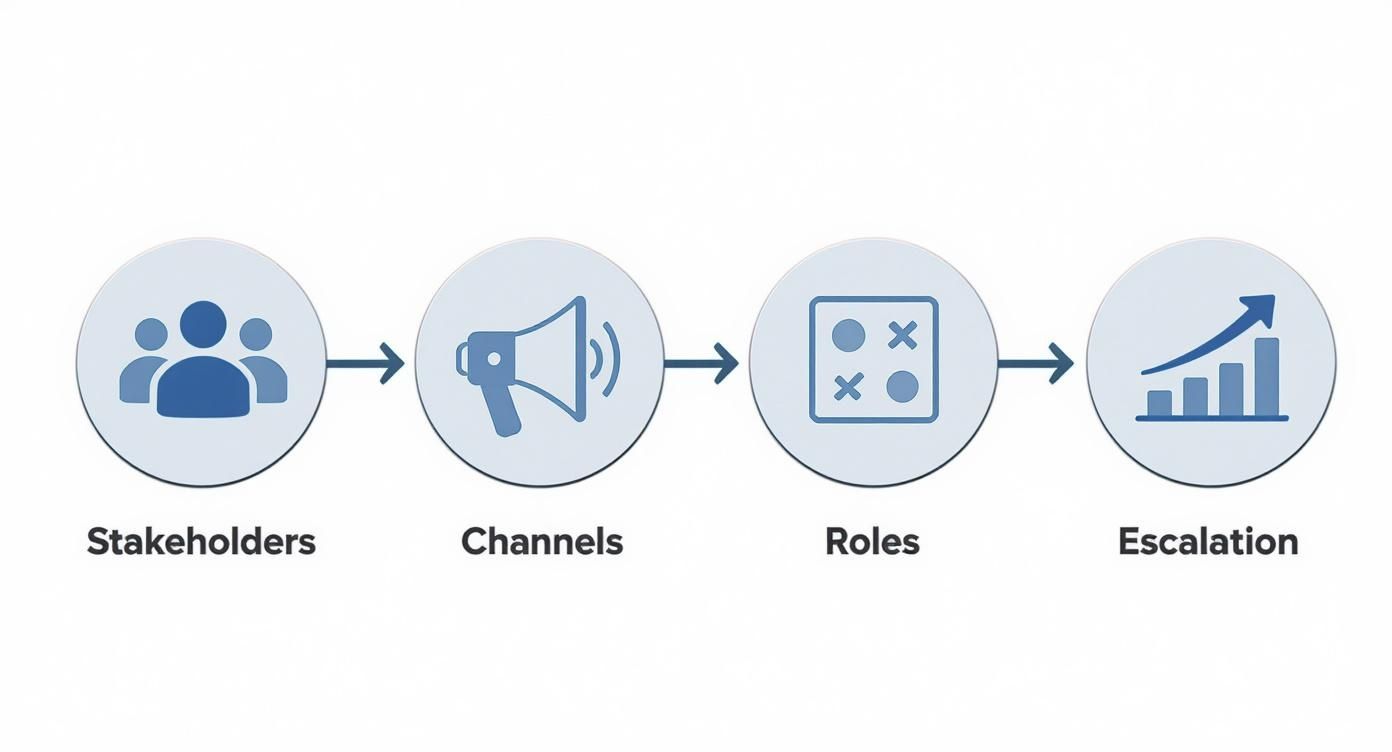 A diagram showing a management process flow with four stages: stakeholders, channels, roles, and escalation.