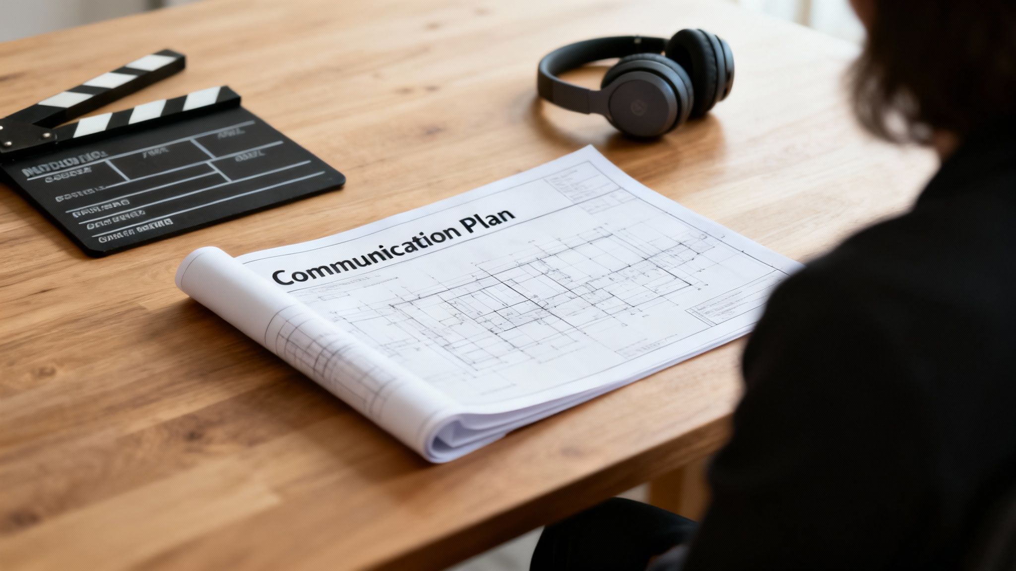 A person at a desk with a 'Communication Plan' document, film clapperboard, and headphones.