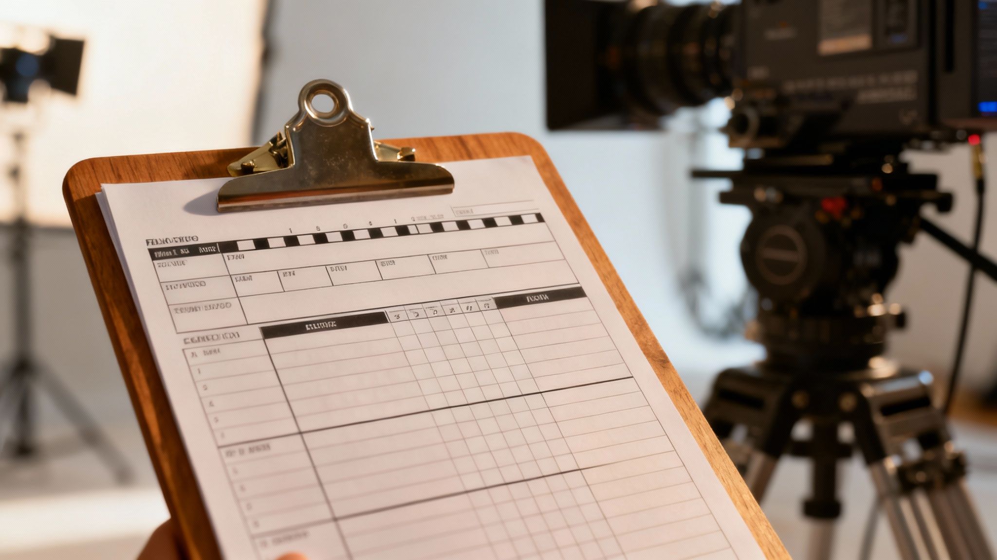 A person working on a film production schedule on a laptop screen, surrounded by film-related equipment like a clapperboard and camera lenses.