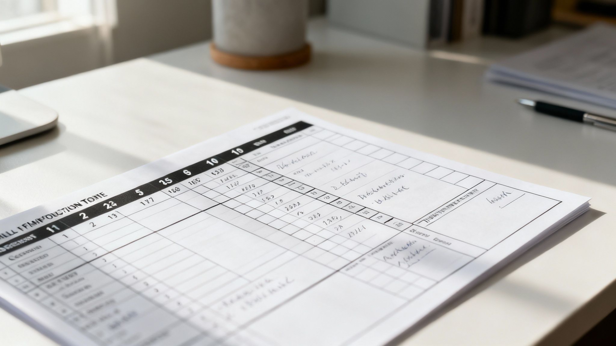 A detailed film production schedule template on a computer screen, with columns for scenes, locations, cast, and timings, highlighting the complexity and organisation involved.