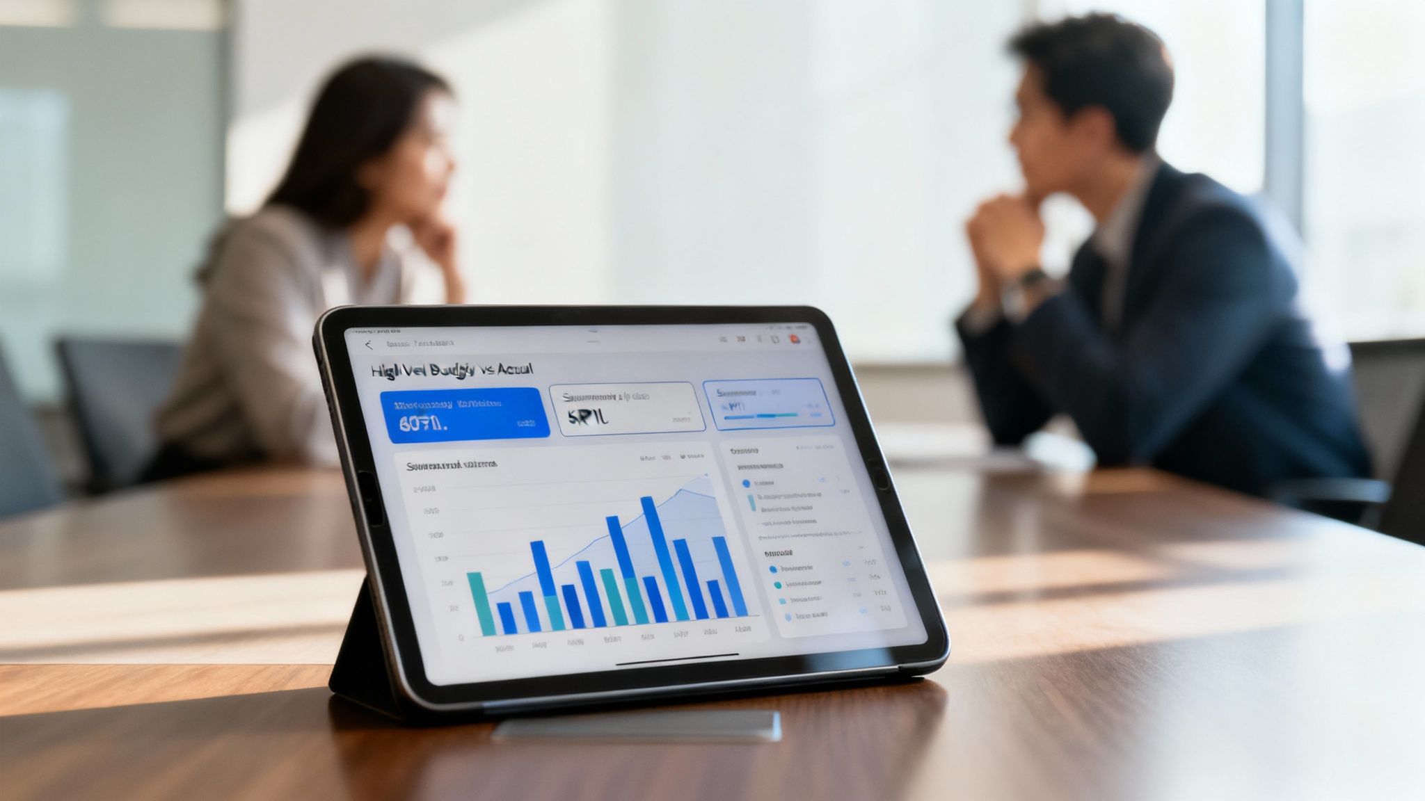 A group of professionals in a meeting room, looking at financial charts and dashboards on a large screen, engaged in a discussion.