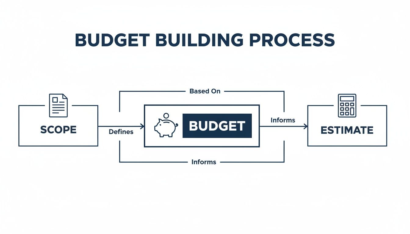 Diagram illustrating the budget building process from scope definition to estimation and back.