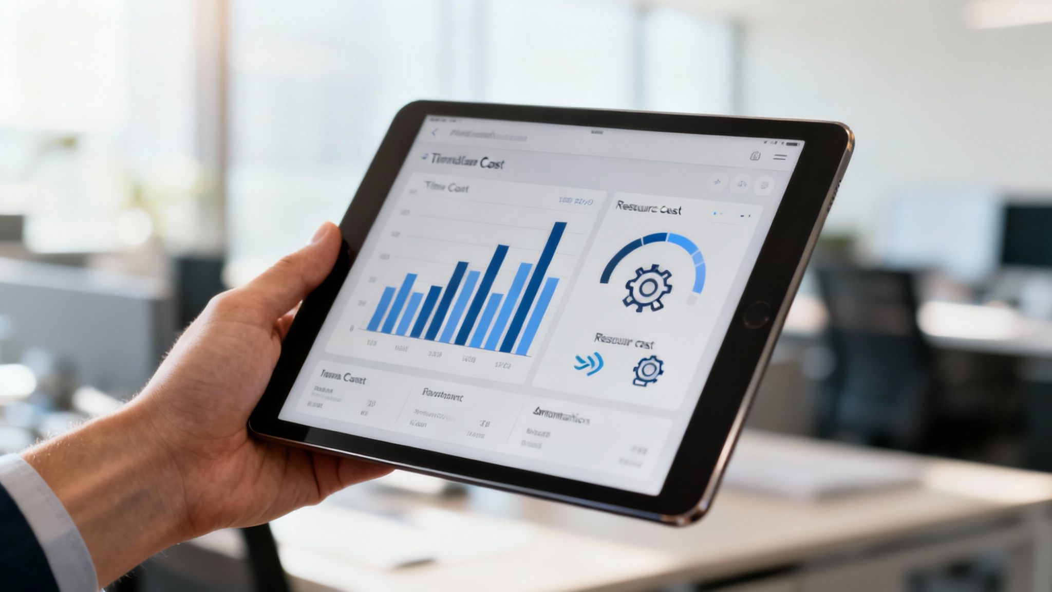 A person holds a tablet displaying a financial dashboard with various cost charts in an office.