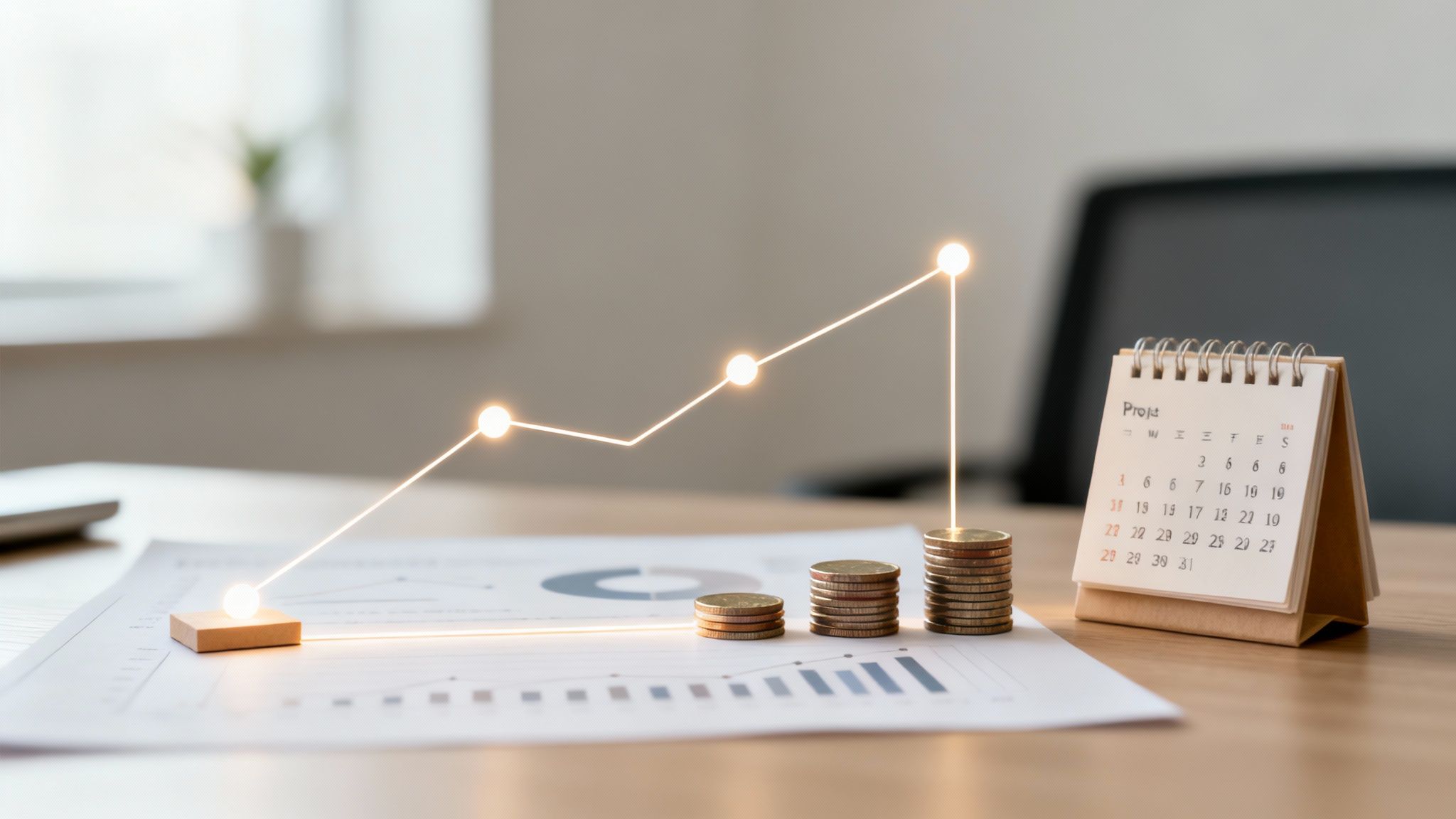 A glowing line graph depicts financial growth over stacks of coins on a document with charts and a calendar.