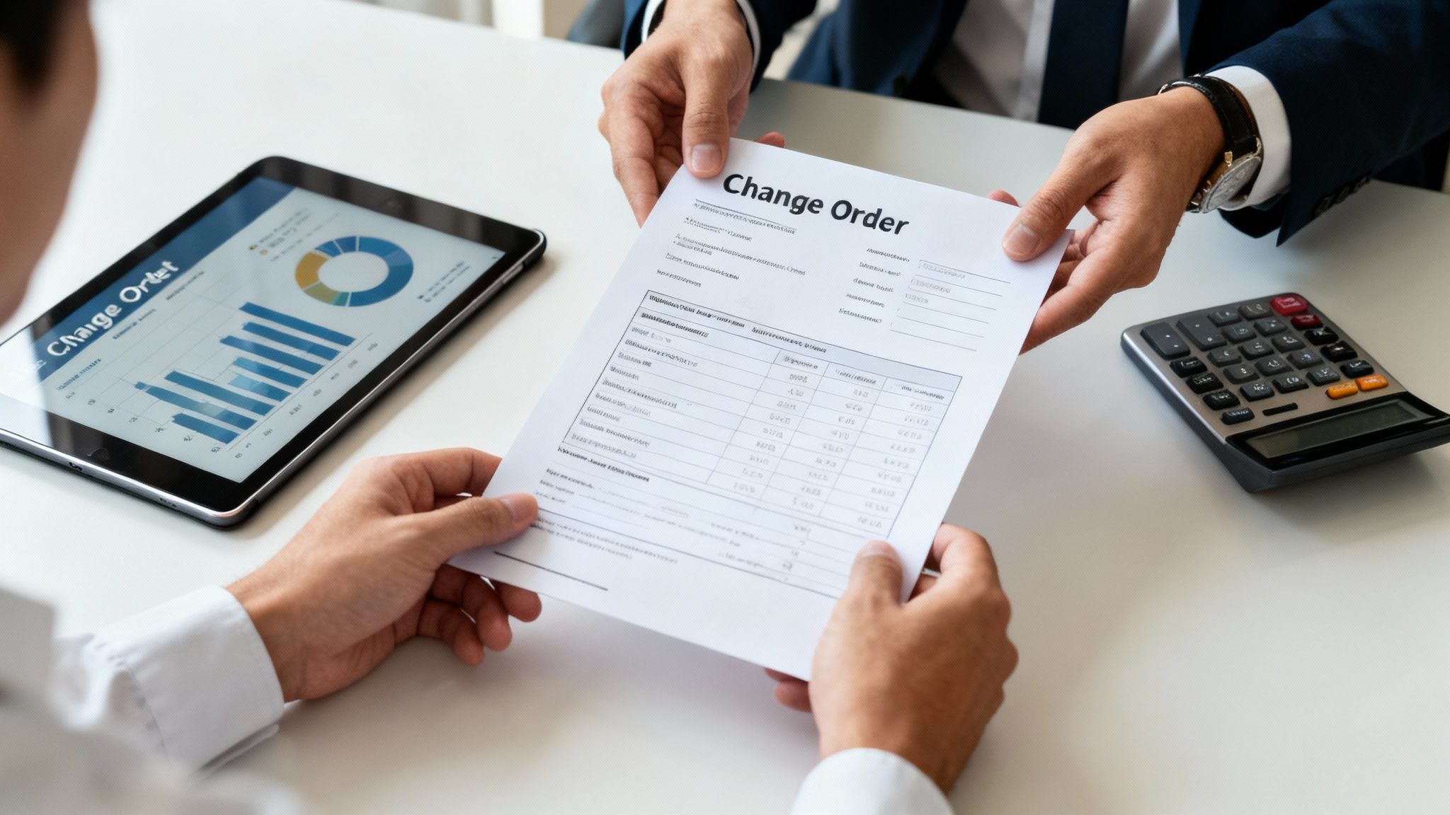 Two business people exchanging a 'Change Order' document during a meeting with a tablet and calculator on the table.