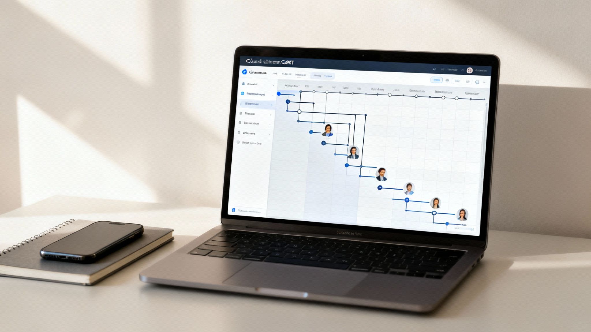 Horizontal Gantt chart displaying task durations and dependencies for project planning.