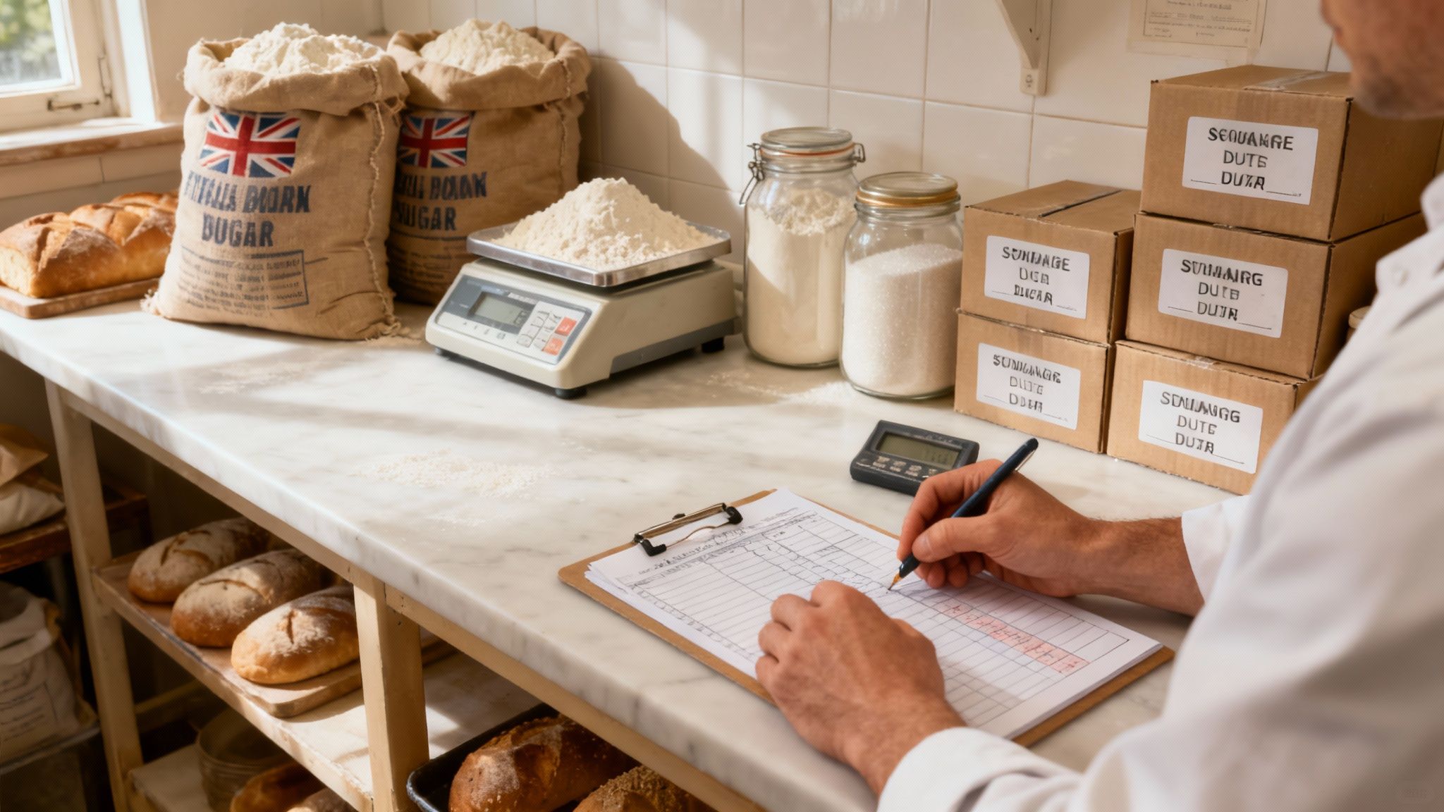 Close-up of a baker's hands kneading dough in a commercial kitchen, representing raw materials.