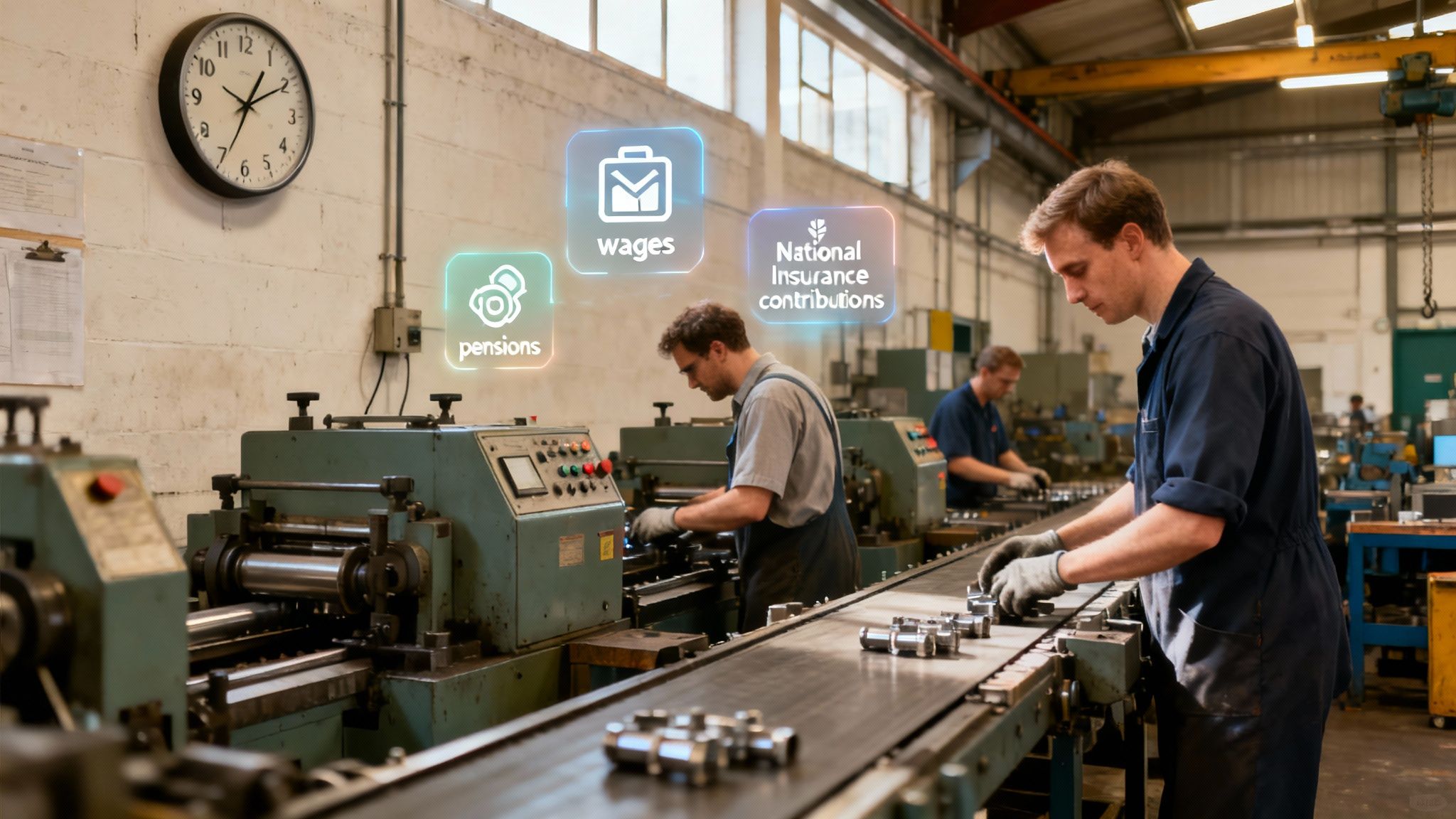 A group of skilled workers collaborating in a modern workshop, illustrating the concept of direct labour.
