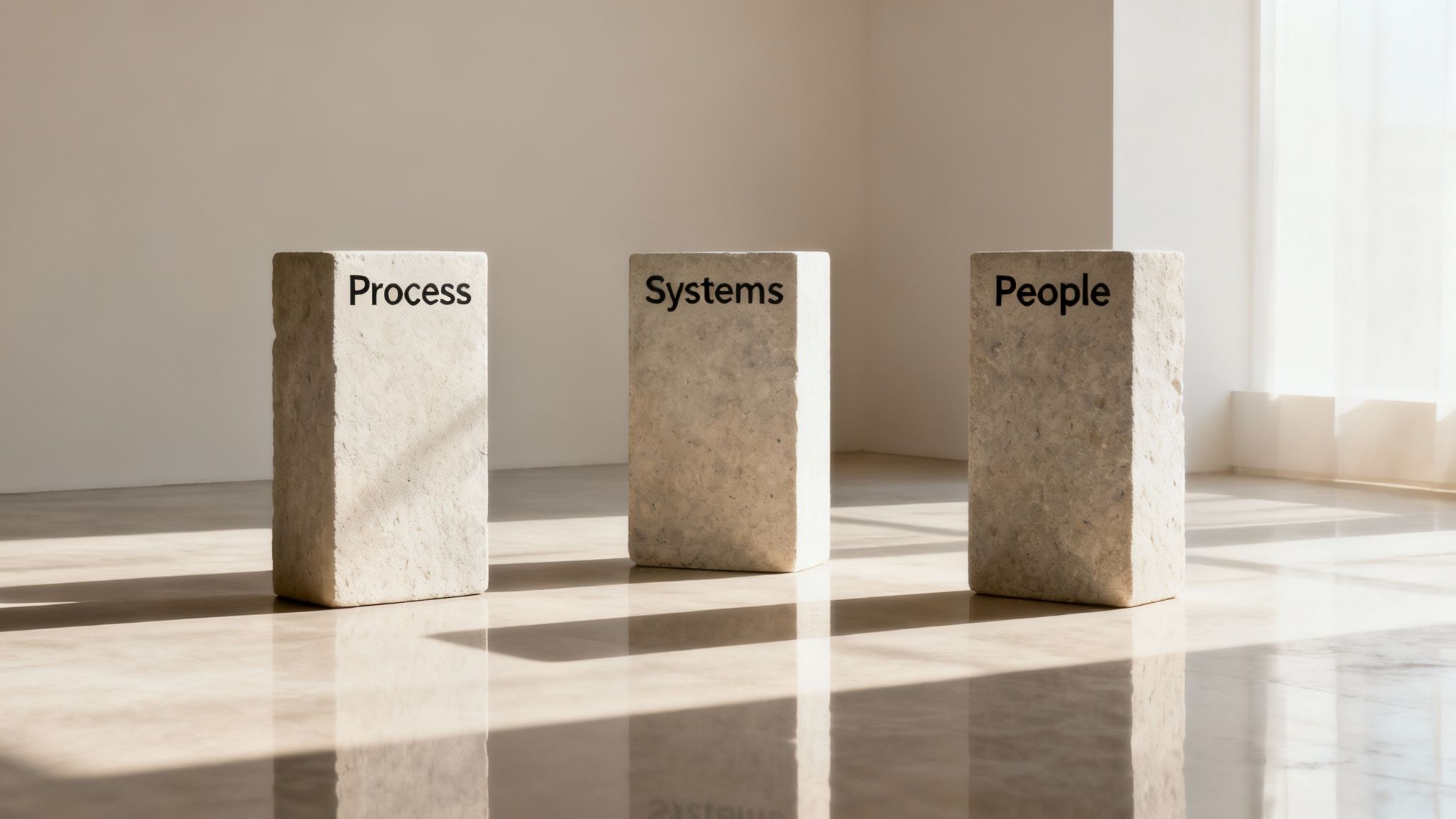 Three pillars with icons representing processes, systems, and people working together in a project management context.