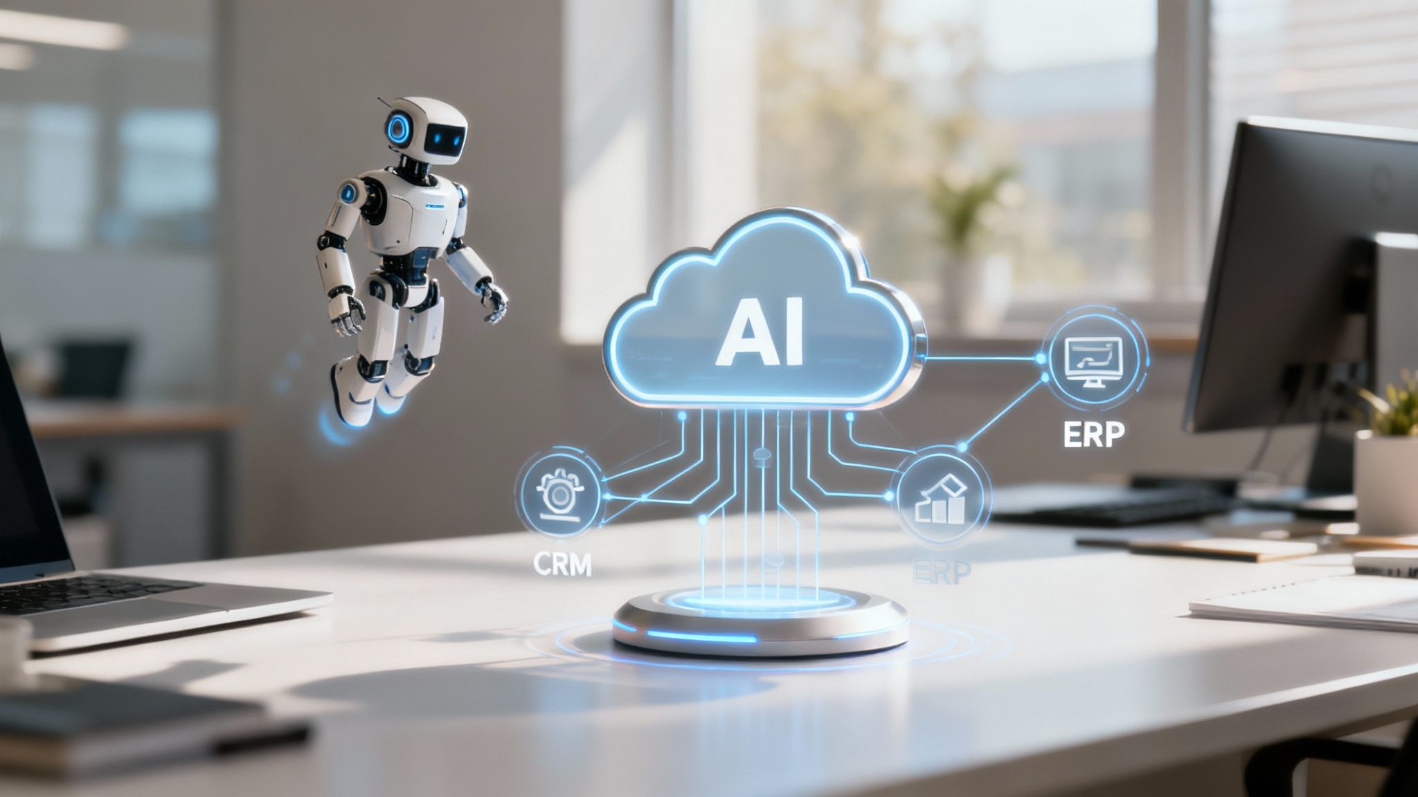 A network of interconnected digital icons representing collaboration tools, APIs, and AI, showing how technology facilitates seamless project integration.