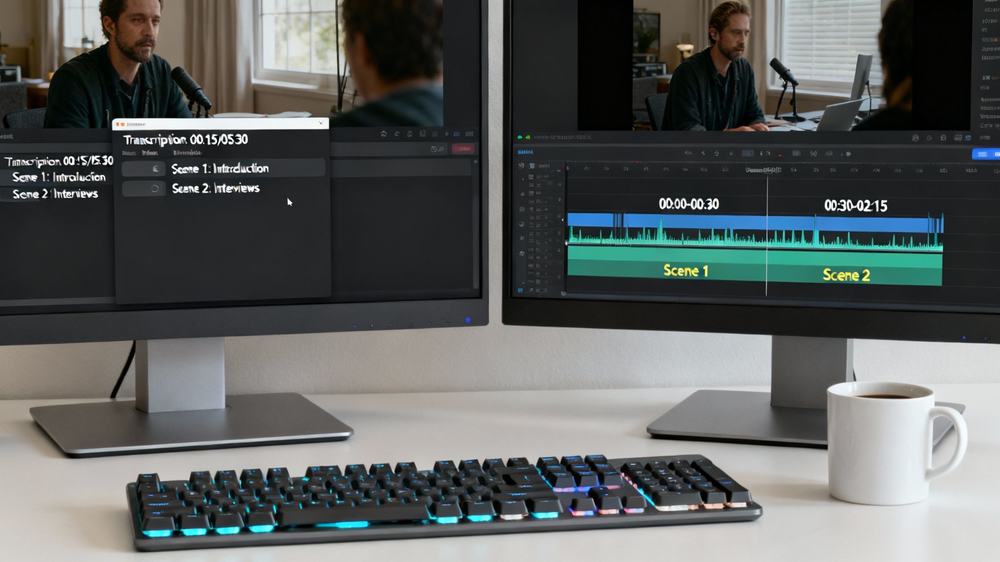 Dual monitors on a desk show video editing software, a scene transcription, and an audio timeline with a backlit keyboard.