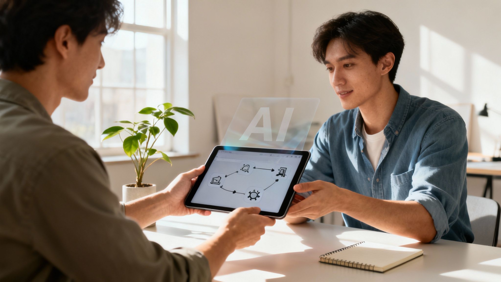 Two professionals collaborating over tablet displaying workflow diagram with AI automation icons