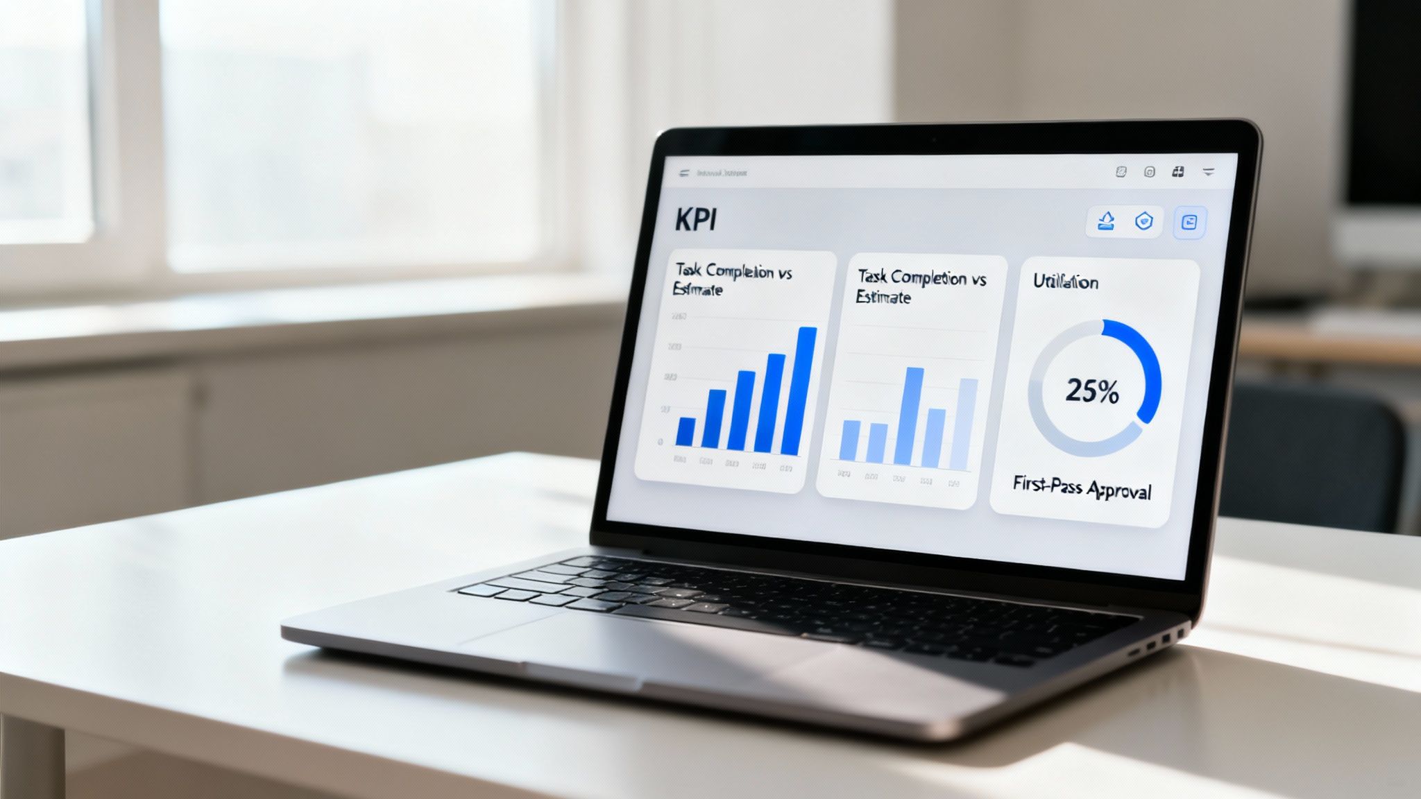 Laptop on a desk displaying a KPI dashboard with bar charts and a donut chart showing task completion and utilization metrics.