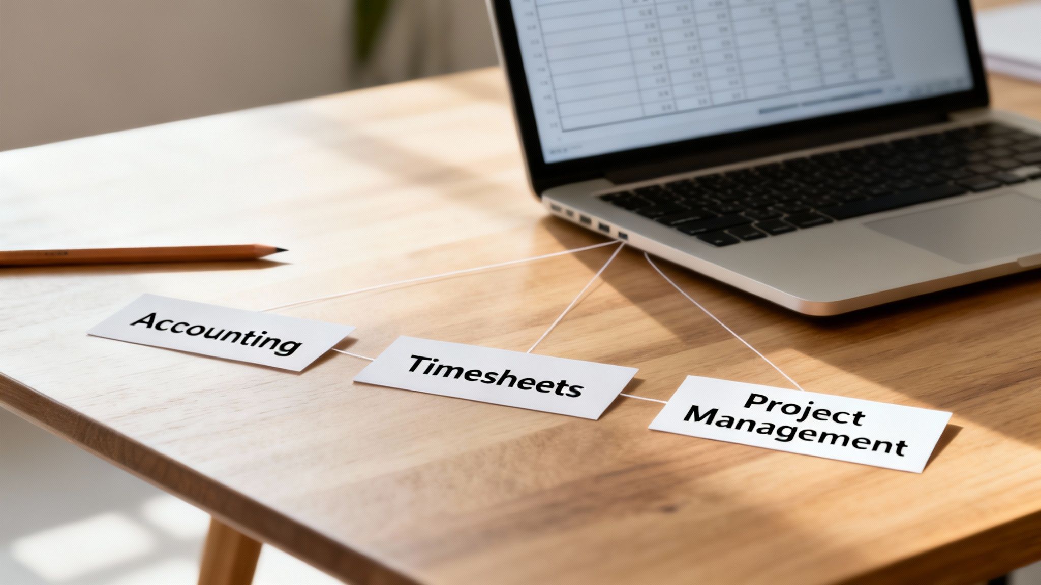 Business concepts Accounting, Timesheets, Project Management linked to a laptop, representing integrated financial reporting.