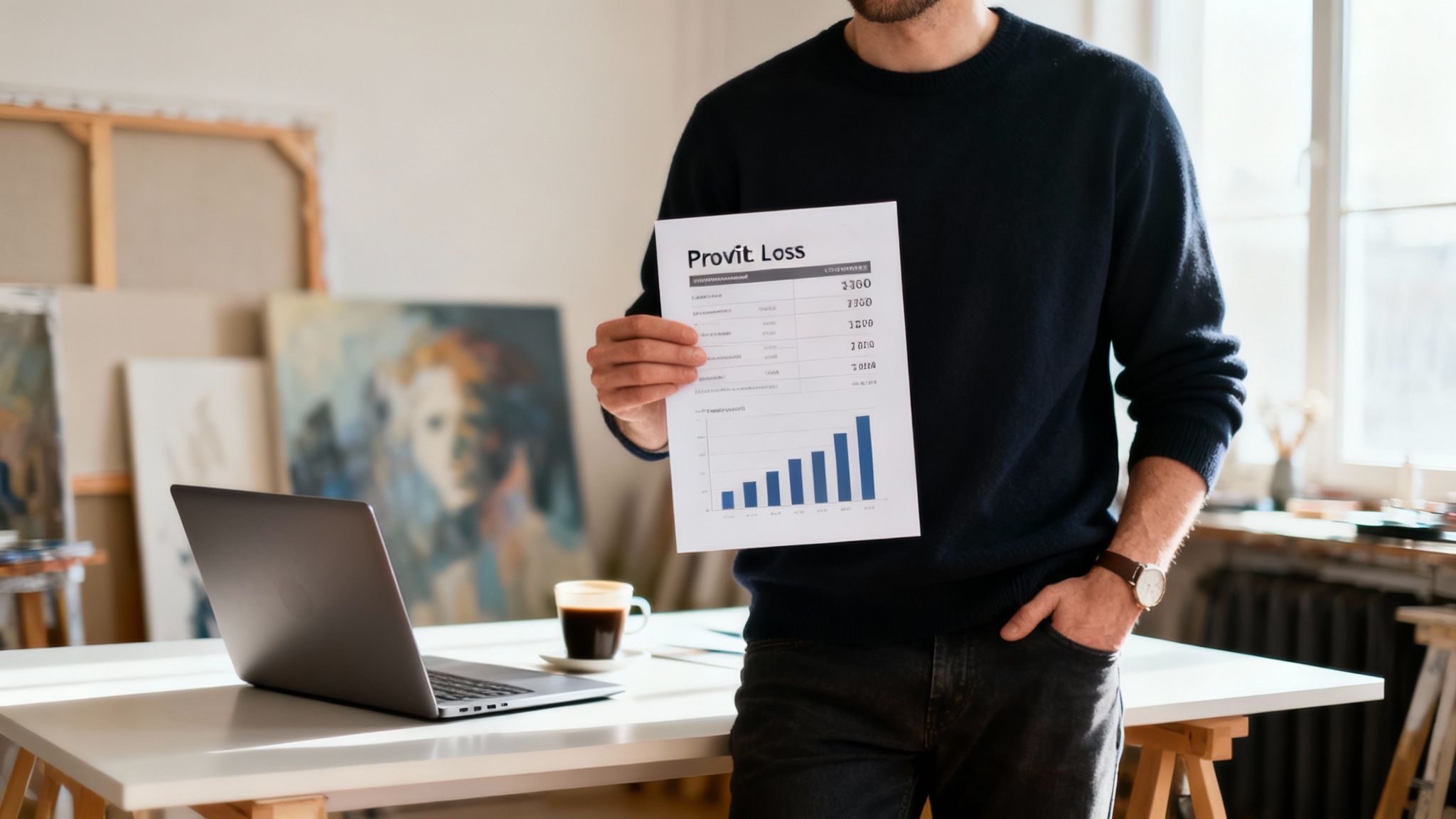 A man in an art studio holds a 'Profit Loss' report with a bar chart, next to a laptop.
