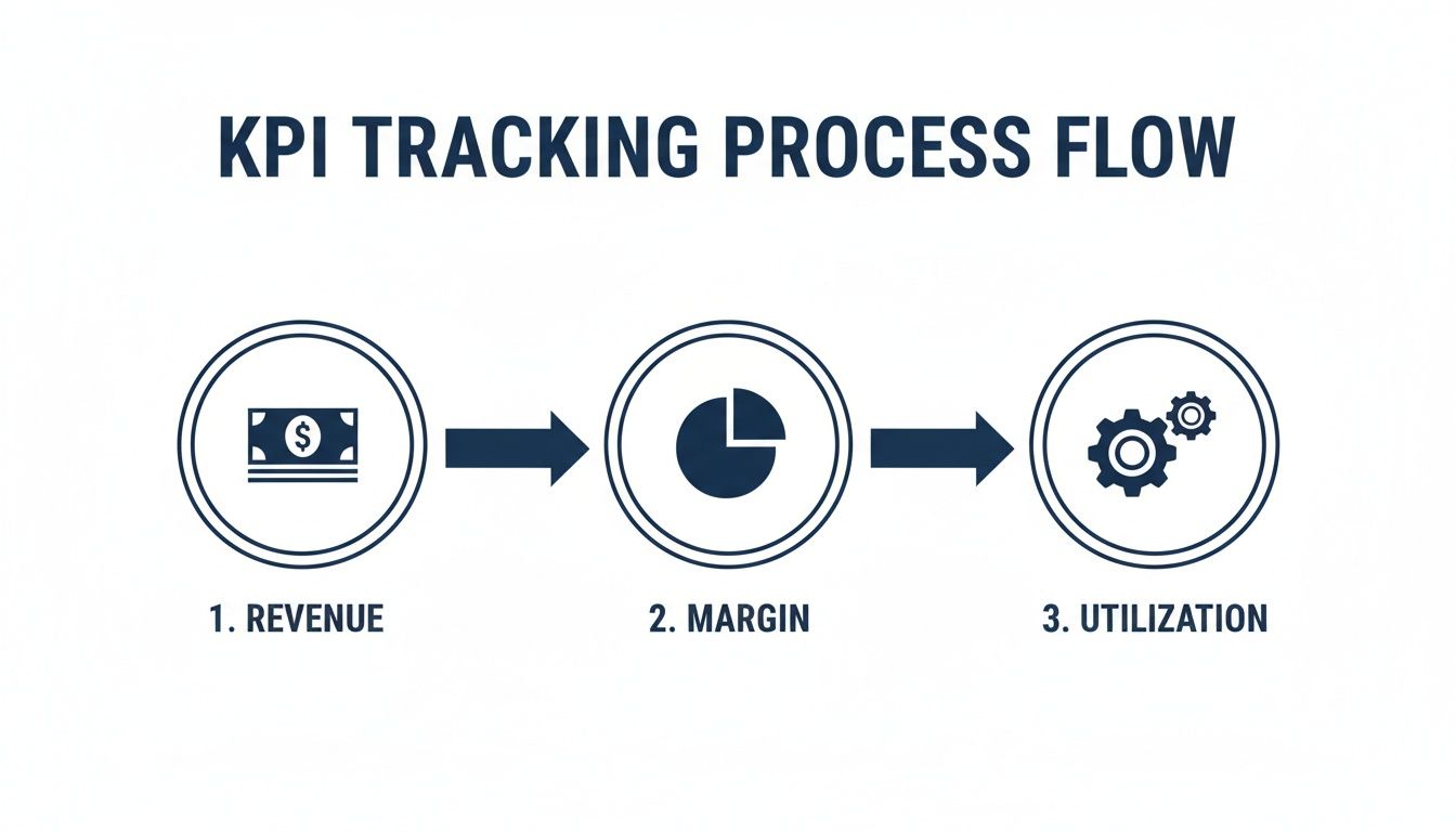 A KPI tracking process flow with three steps: revenue, margin, and utilization, shown with icons and arrows.