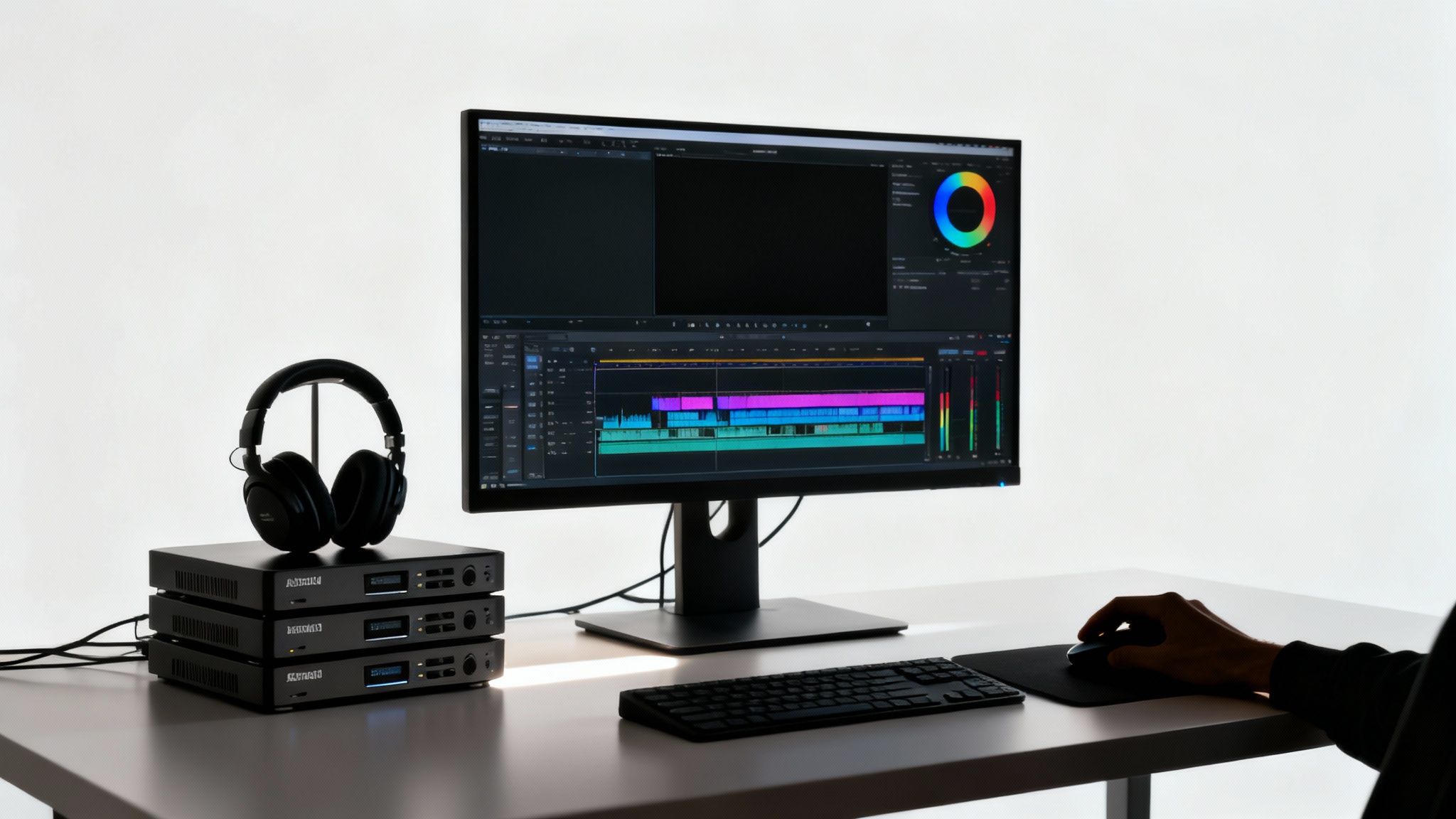 An editing suite with multiple monitors, keyboards, and audio equipment, illustrating the post-production environment
