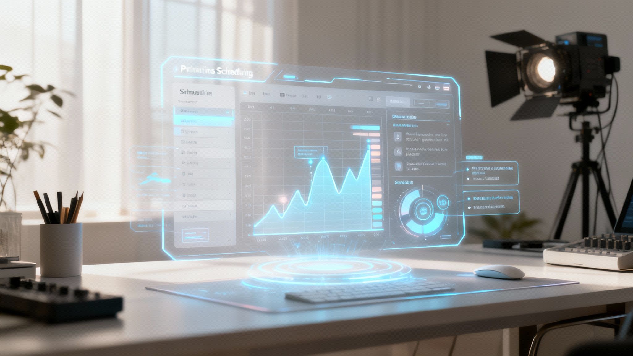 An abstract image representing AI and data points flowing into a project timeline