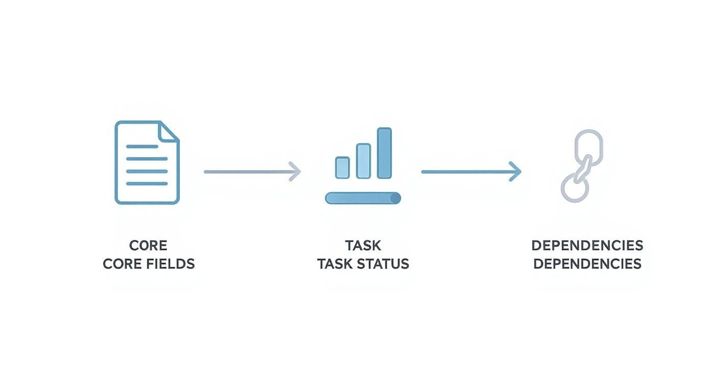 Infographic showing the three-step process of building a production schedule template starting with Core Fields, moving to Task Status, and ending with Dependencies.