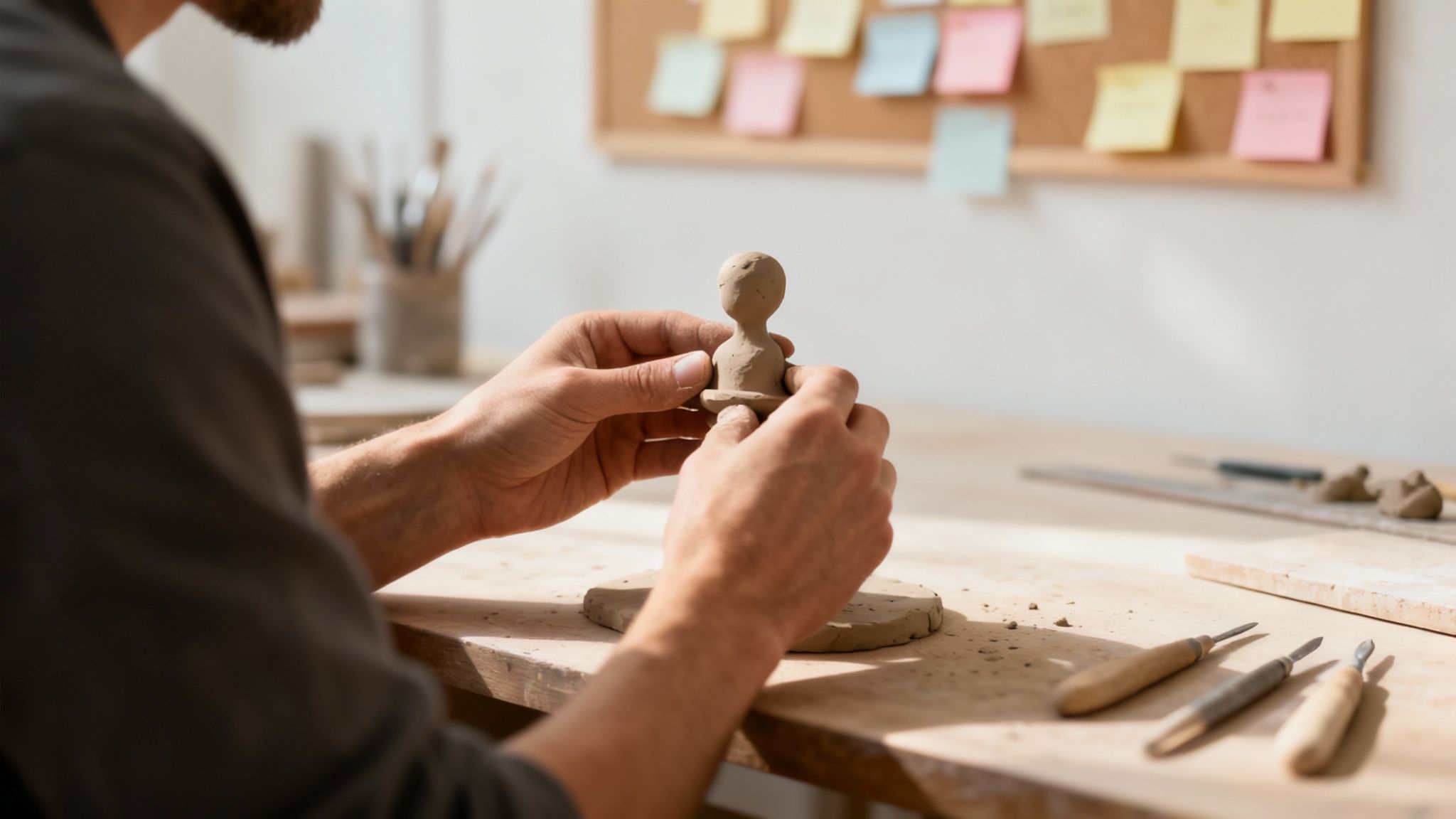 A team member moving sticky notes on a Kanban board, illustrating Agile workflow