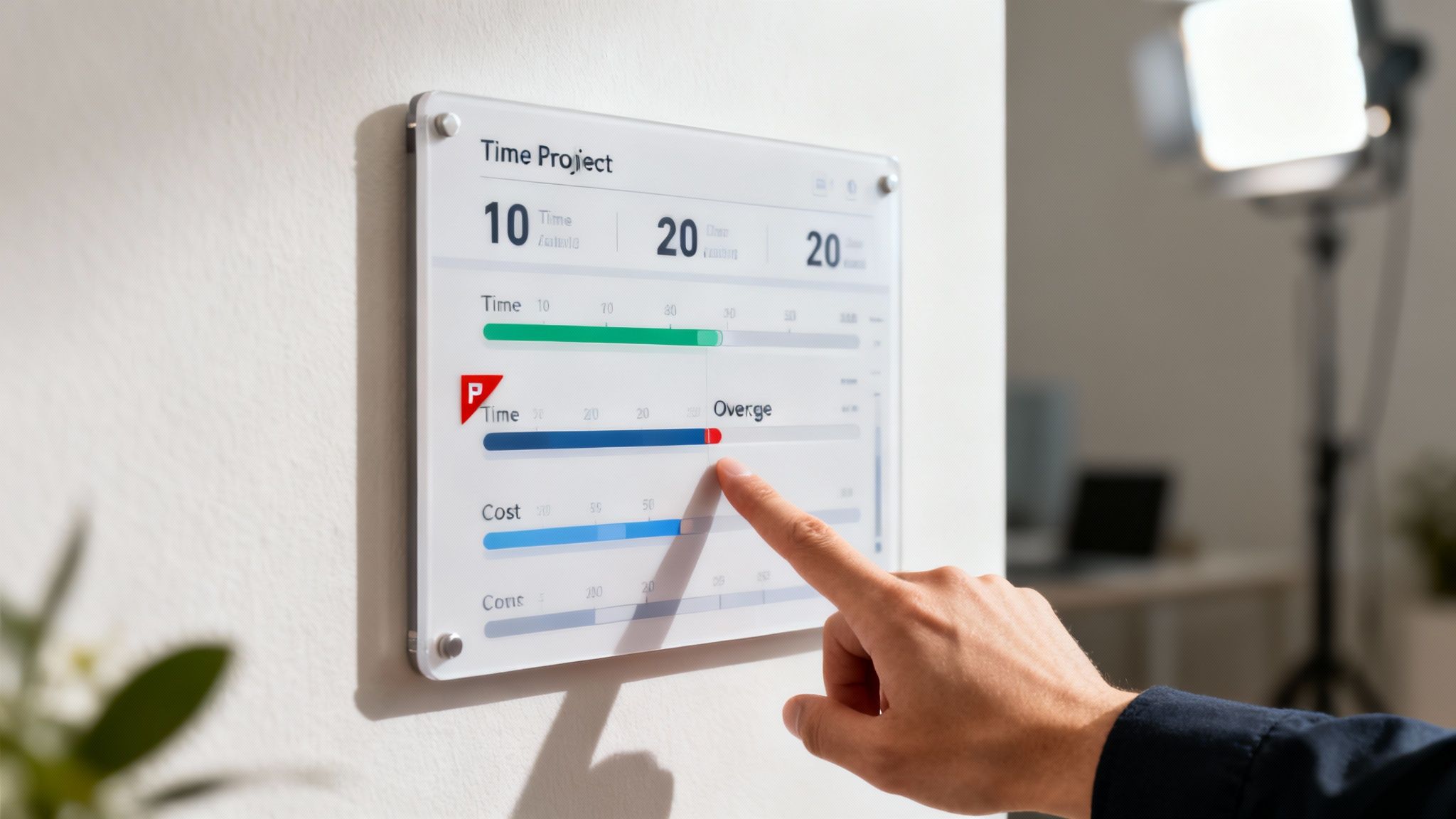 A hand interacts with a wall-mounted digital dashboard displaying project time, cost, and progress metrics.