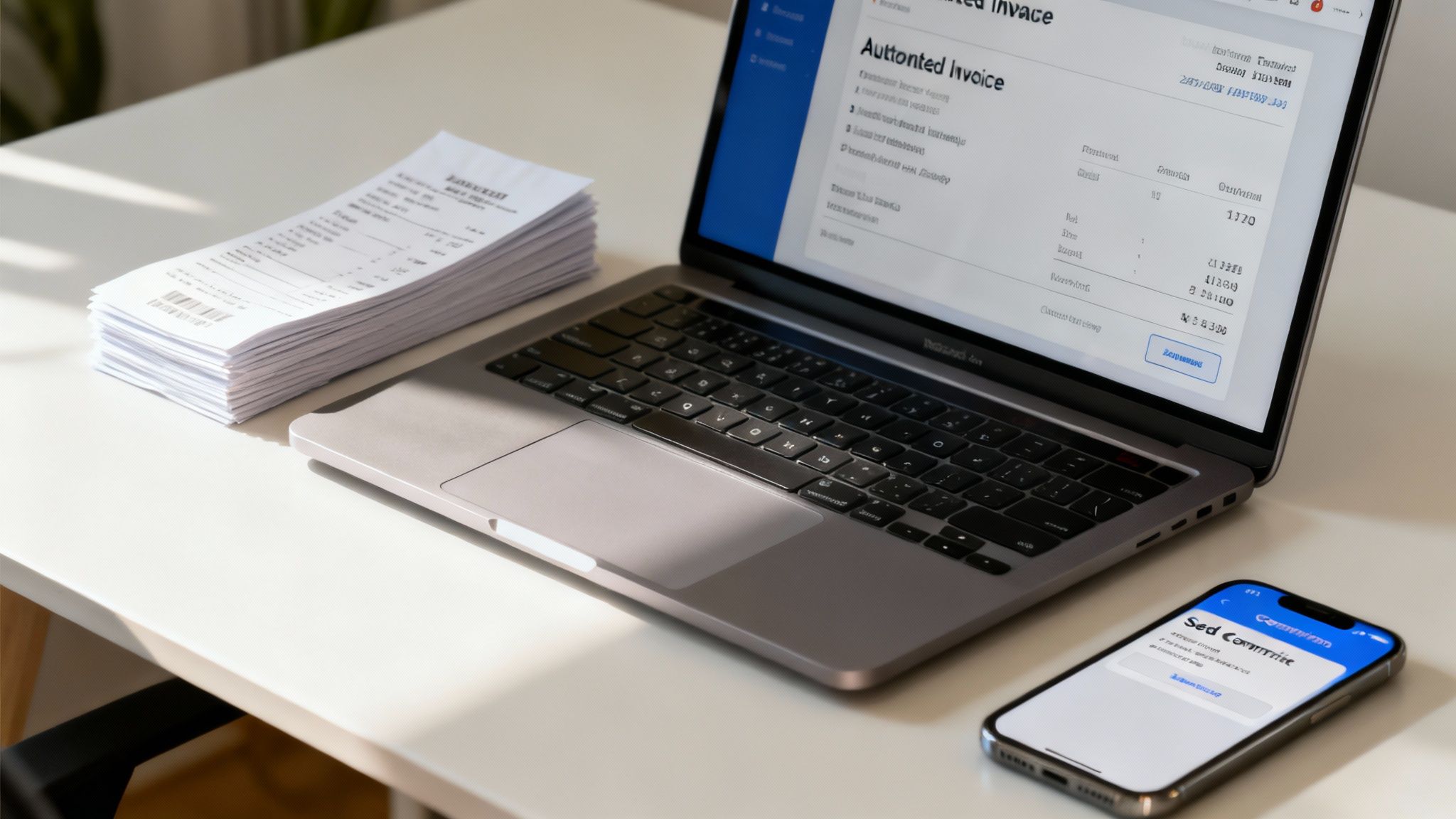 A laptop, paper receipts, and smartphone on a white desk, showing digital and physical financial documents.