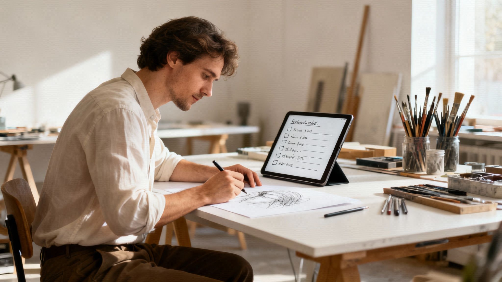 A focused artist drawing with a pen on paper at a desk, with a digital checklist on a tablet and art supplies nearby.