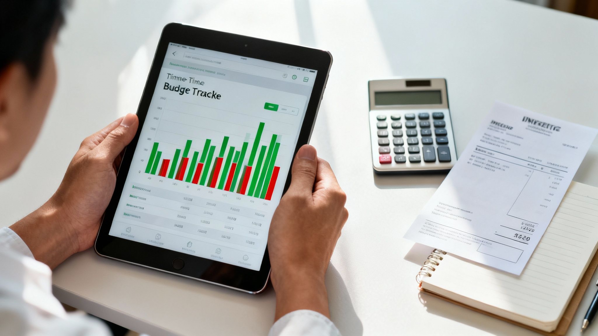 A person analyzes financial data on a tablet displaying a budget tracker app, with a calculator and invoice.