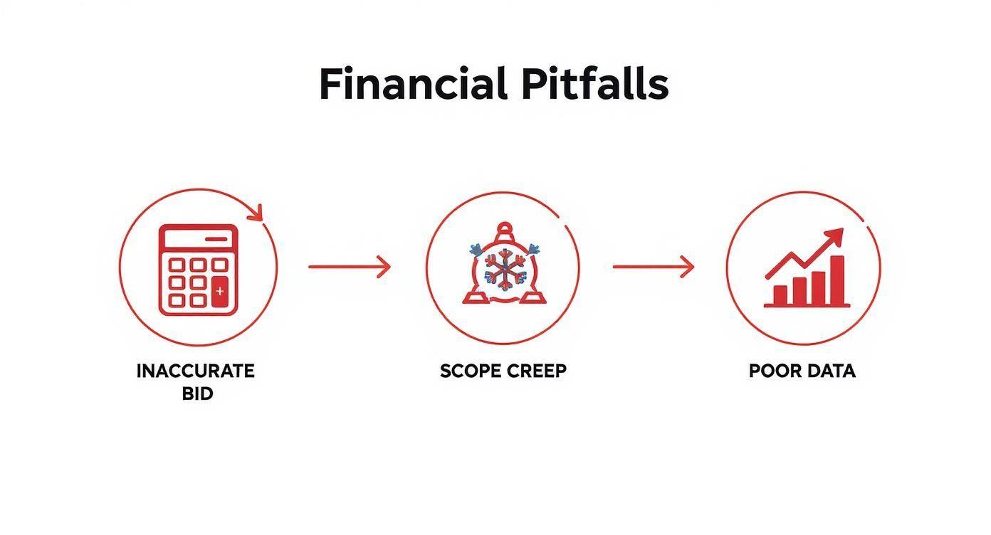 Infographic showing the process flow of financial pitfalls, starting with an inaccurate bid, leading to scope creep, and resulting in poor data.