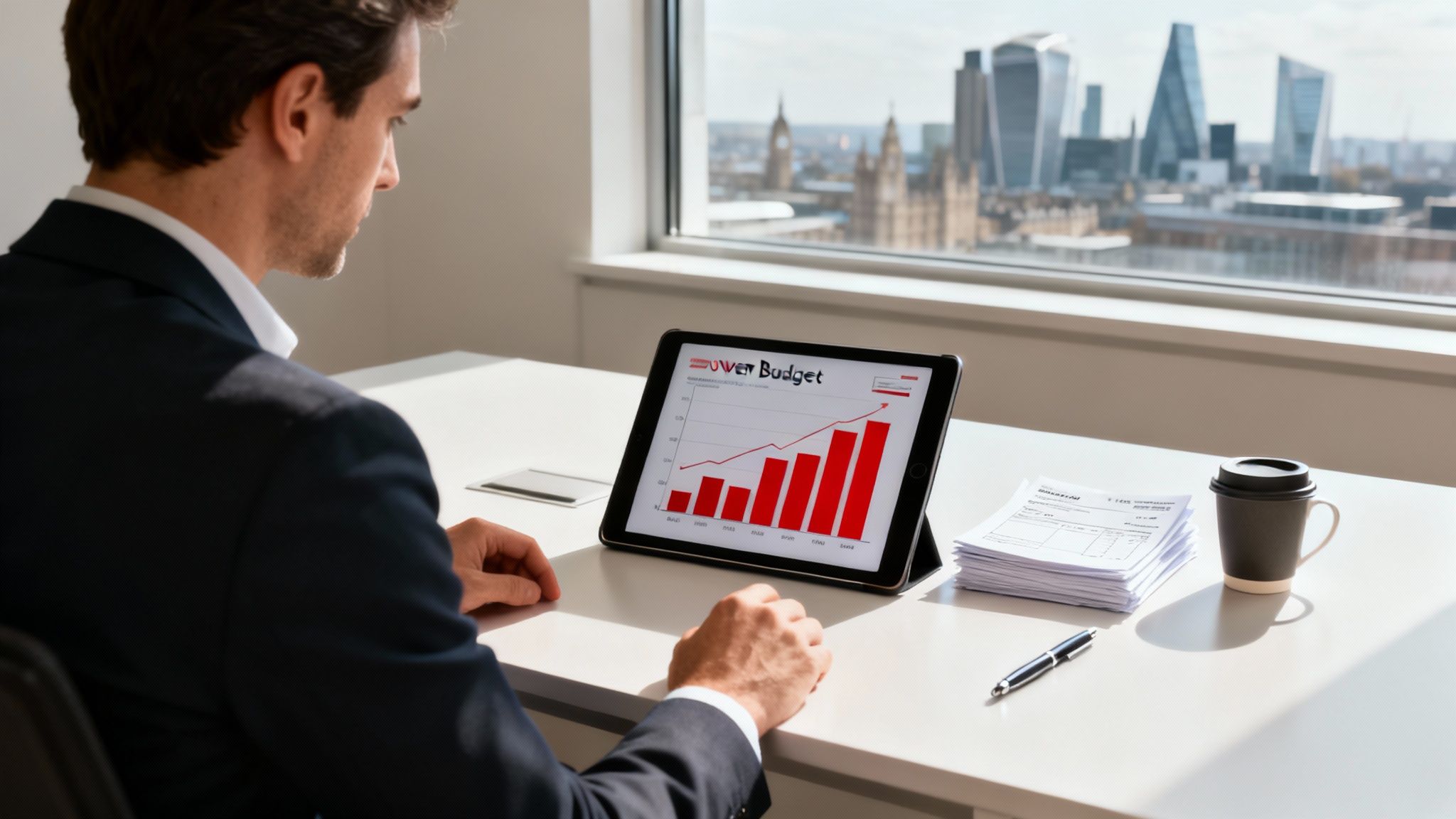 A team of professionals collaborating around a table with charts and financial documents, discussing project management financial management.