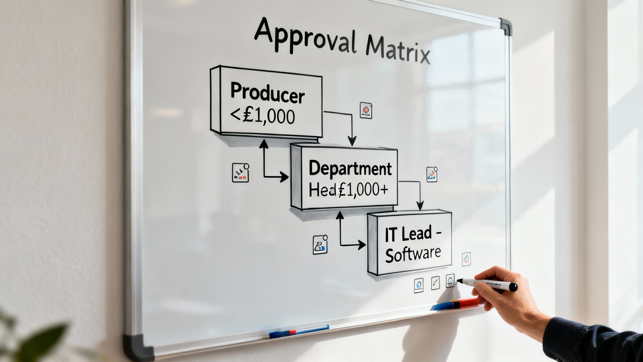 Whiteboard showing approval matrix workflow diagram for purchase orders with three authorization levels