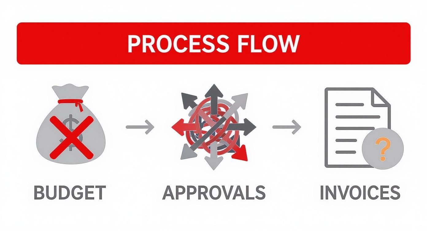 Process flow diagram showing budget, approvals, and invoices stages with arrows connecting them