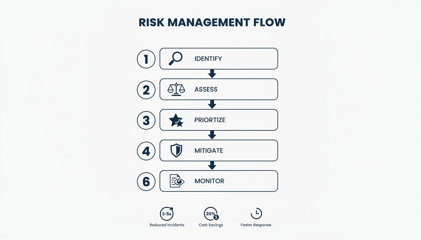 A flowchart detailing a 5-step risk management process: Identify, Assess, Prioritize, Mitigate, Monitor, showing benefits.
