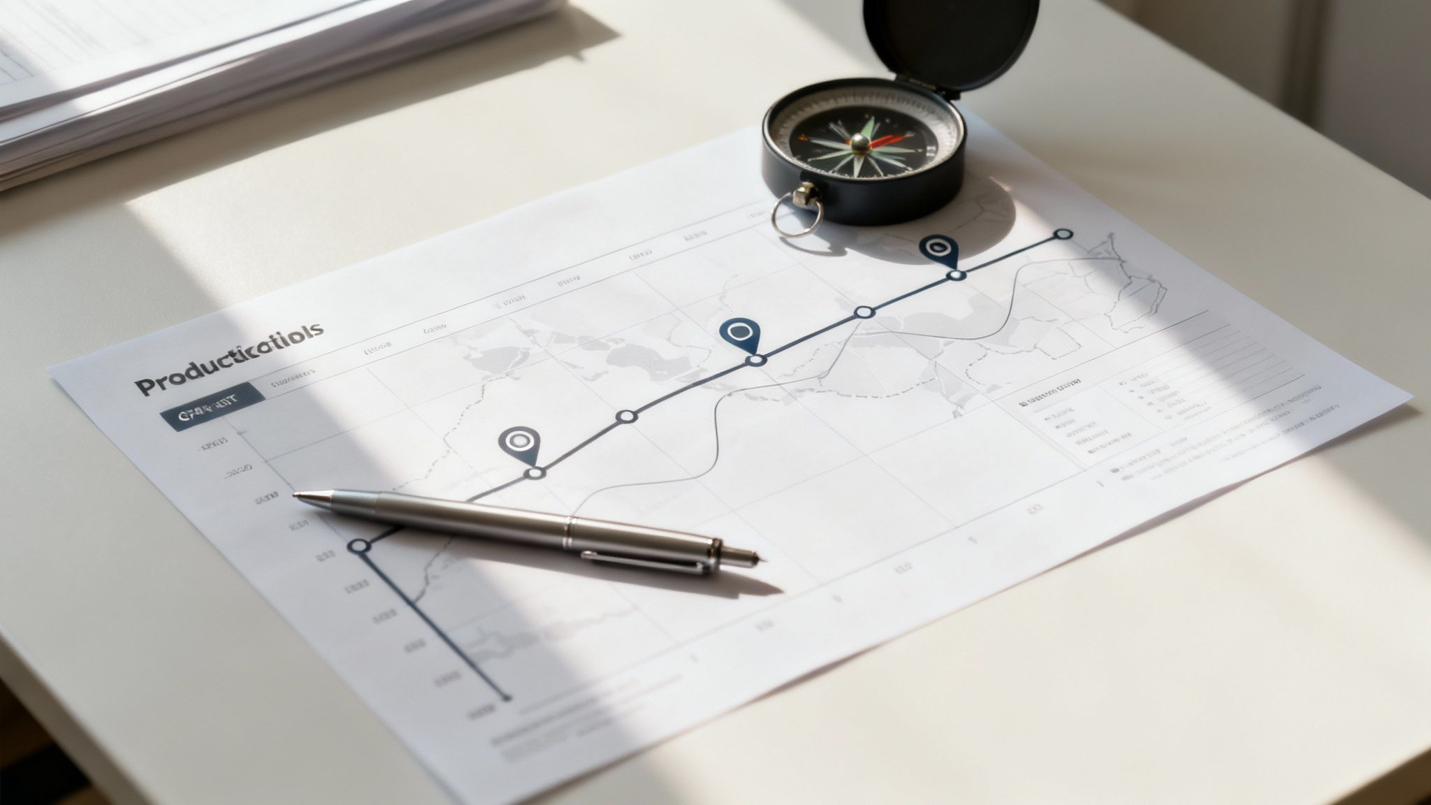 A document displaying a production schedule chart with a pen and a compass on a white desk.