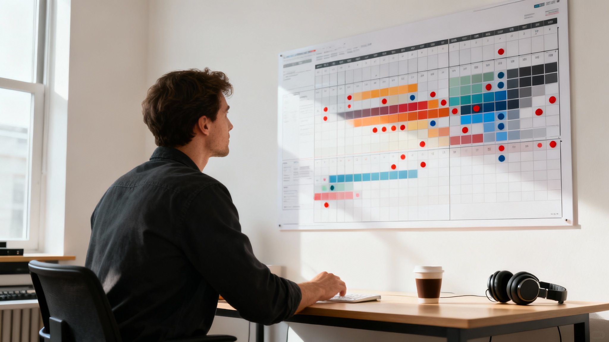 A team collaborating around a digital scheduling interface on a large screen