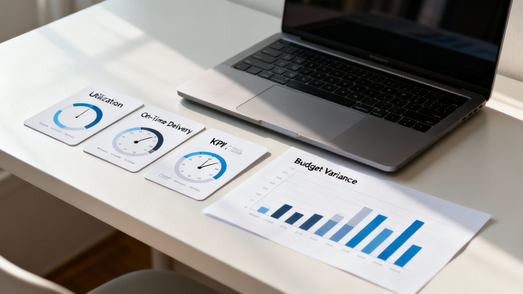 Data dashboards showing key performance indicators for resource utilisation and project timelines.