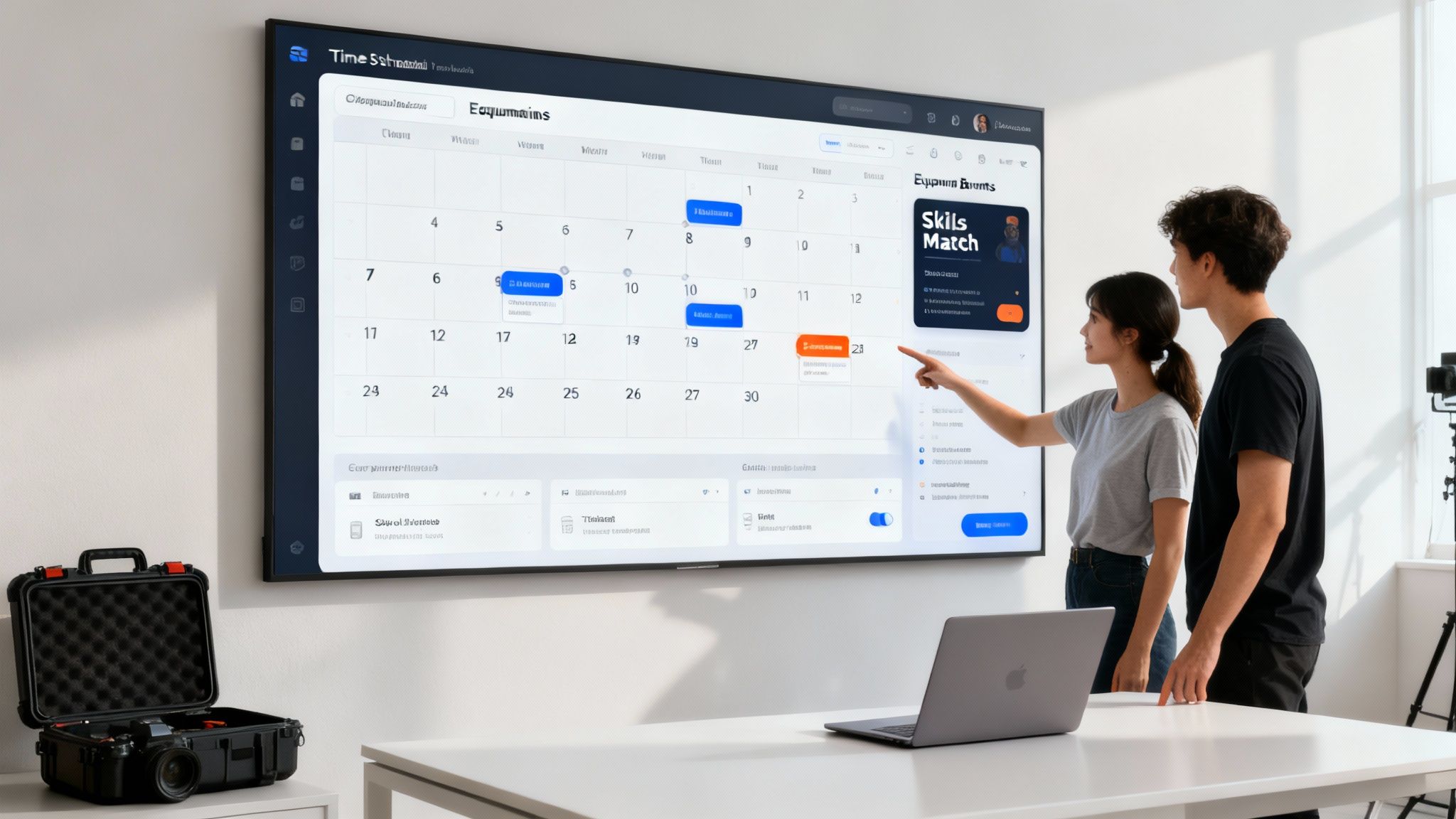 Two people interact with a large digital screen showing calendar events and scheduling software.