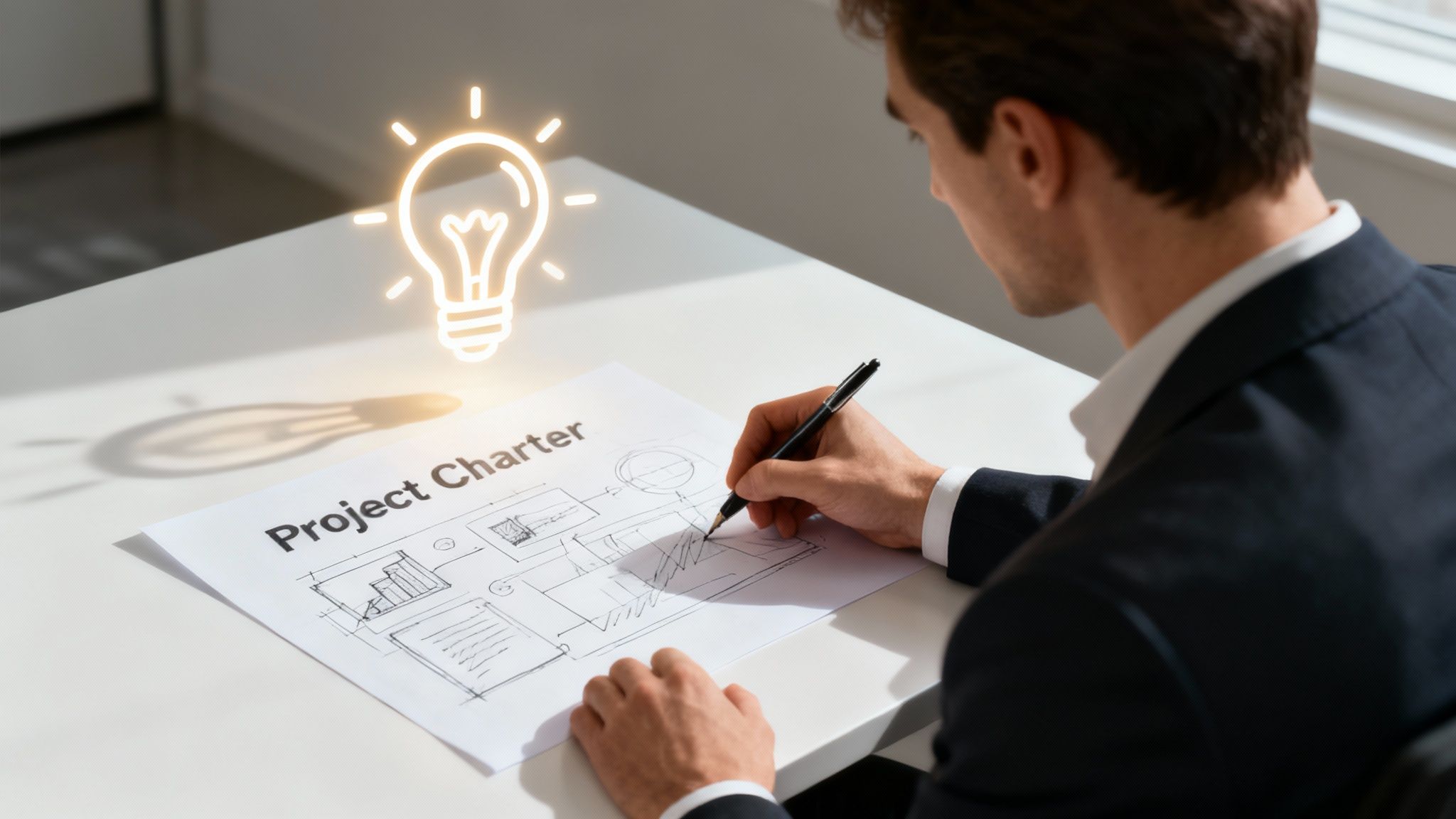 A team discussing the initial stage of project management around a table with sticky notes