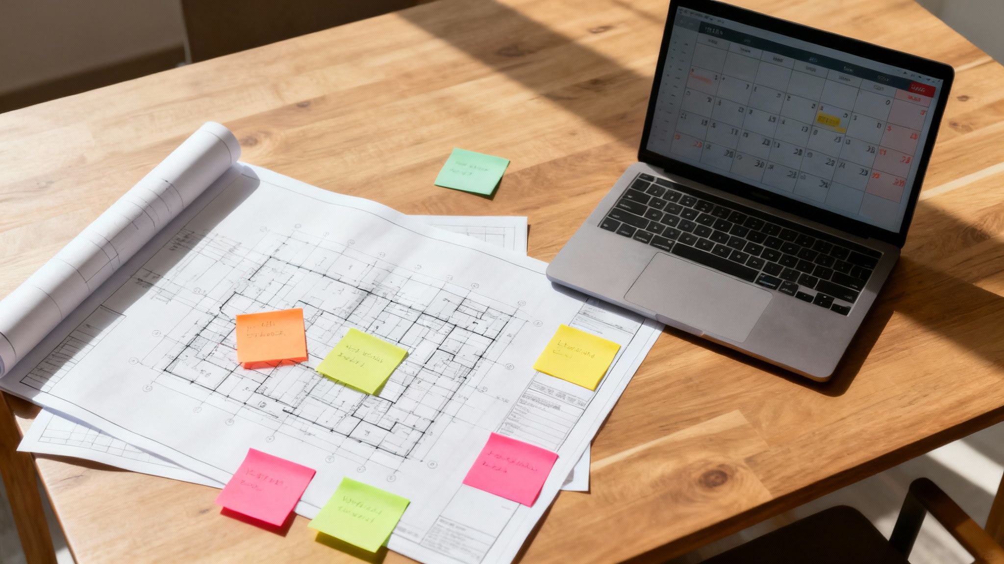 A detailed project management plan with charts and timelines laid out on a desk.